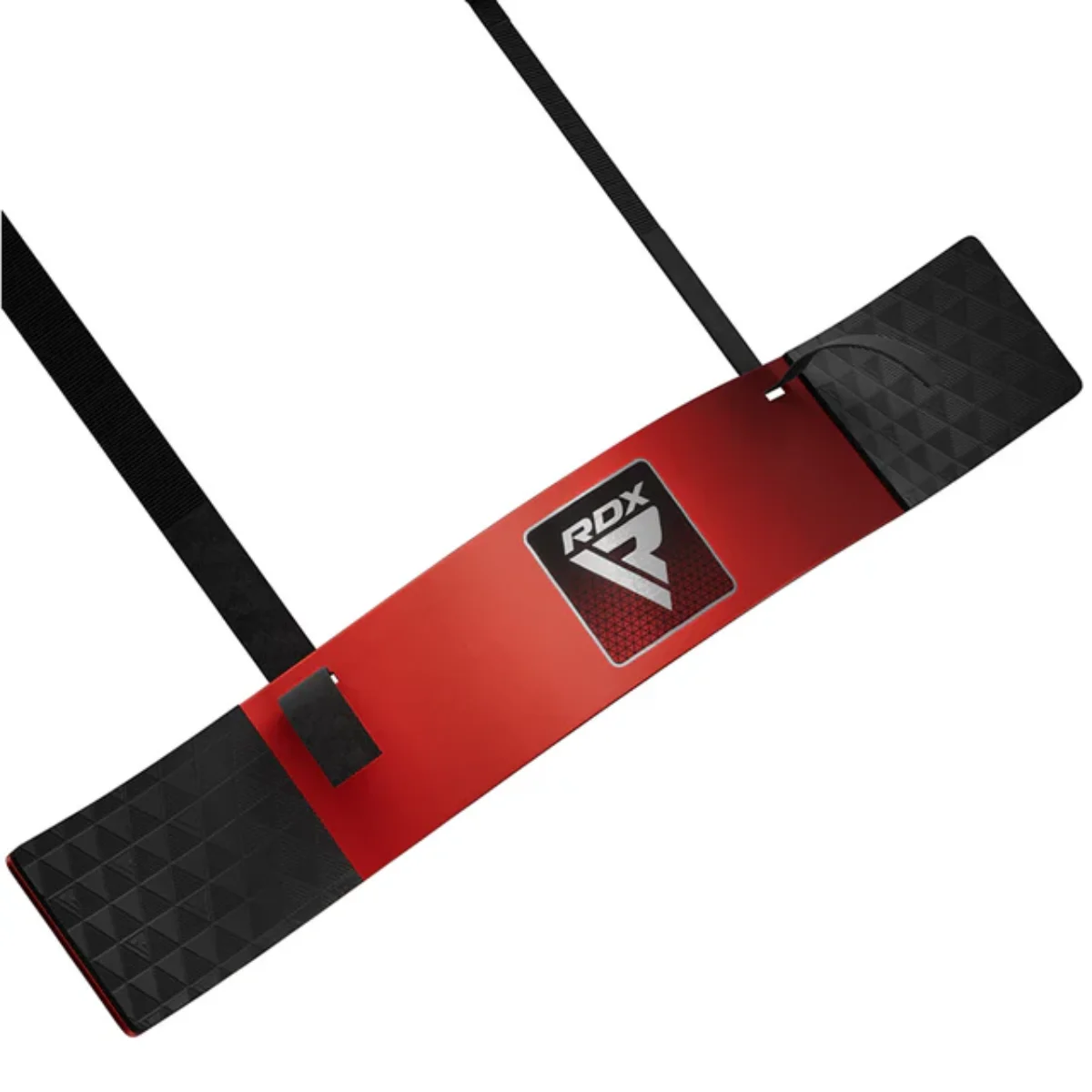 A red and black RDX training board with straps. The board has a logo and is on a white background. 