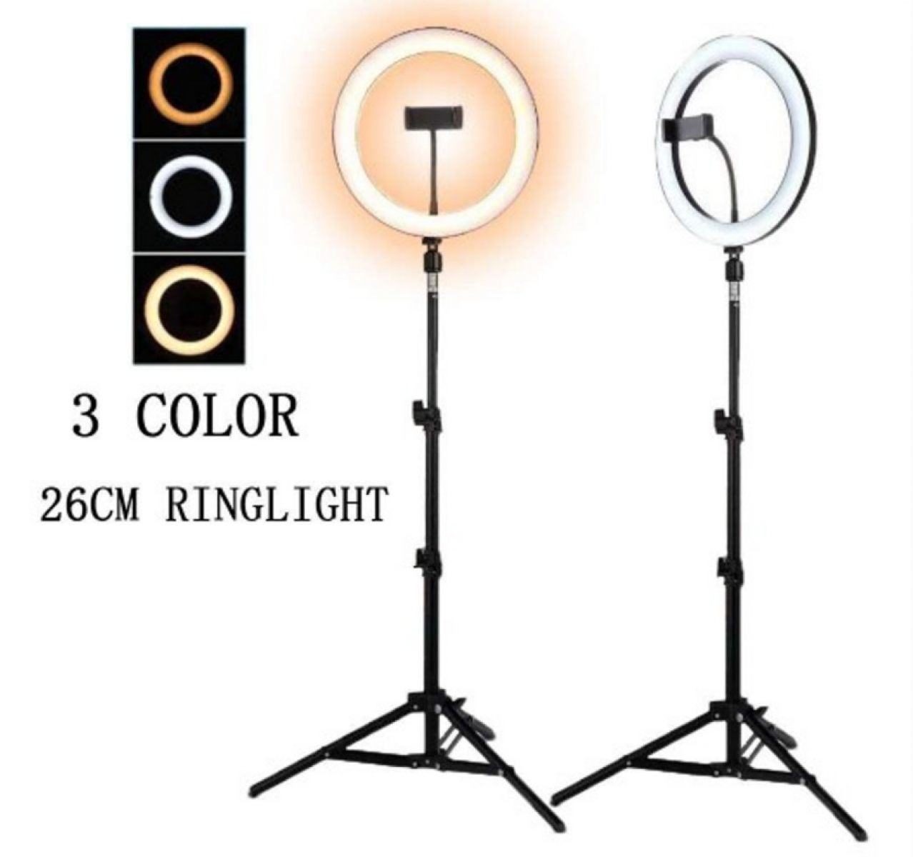 Zwei Ringlichter auf Stativen. Eines orange, eines weiß. Text: 3 FARBEN 26CM RINGLICHT. Drei Farboptionen werden angezeigt.