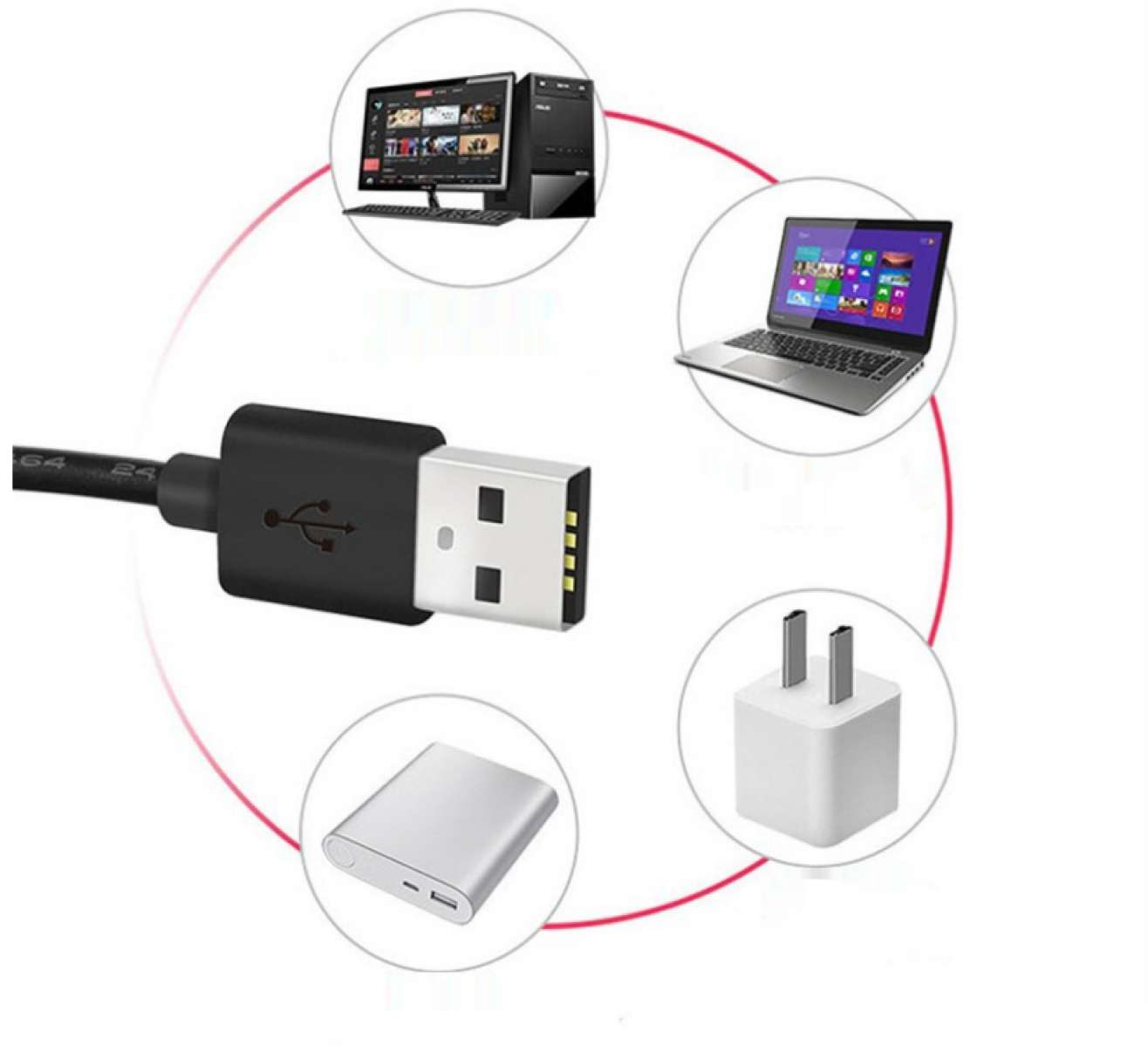USB-Kabel mit Illustrationen von Computer, Laptop, Powerbank und Ladegerät, verbunden durch rote Linien auf weißem Grund.