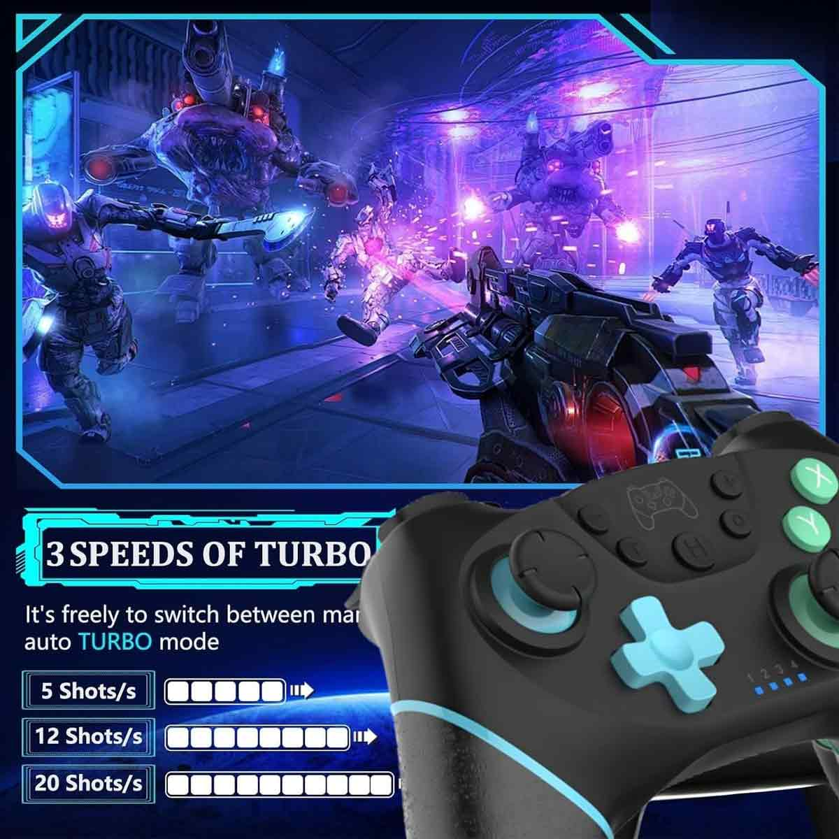 Ein Gamecontroller mit einer futuristischen Spielszene im Hintergrund, mit Charakteren und Monstern, und Turbo-Modus-Einstellungen.