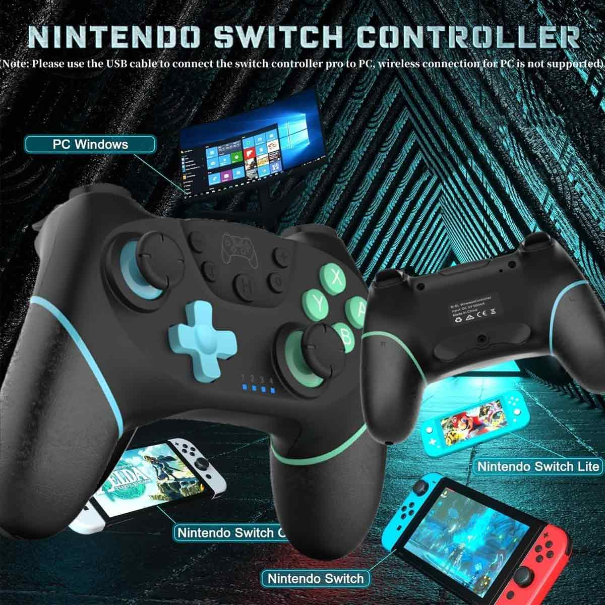 Das Bild zeigt Nintendo Switch-Controller und -Konsolen. Enthält einen PC-Monitor und Switch Lite. Schwarze Controller mit blauen und grünen Akzenten.