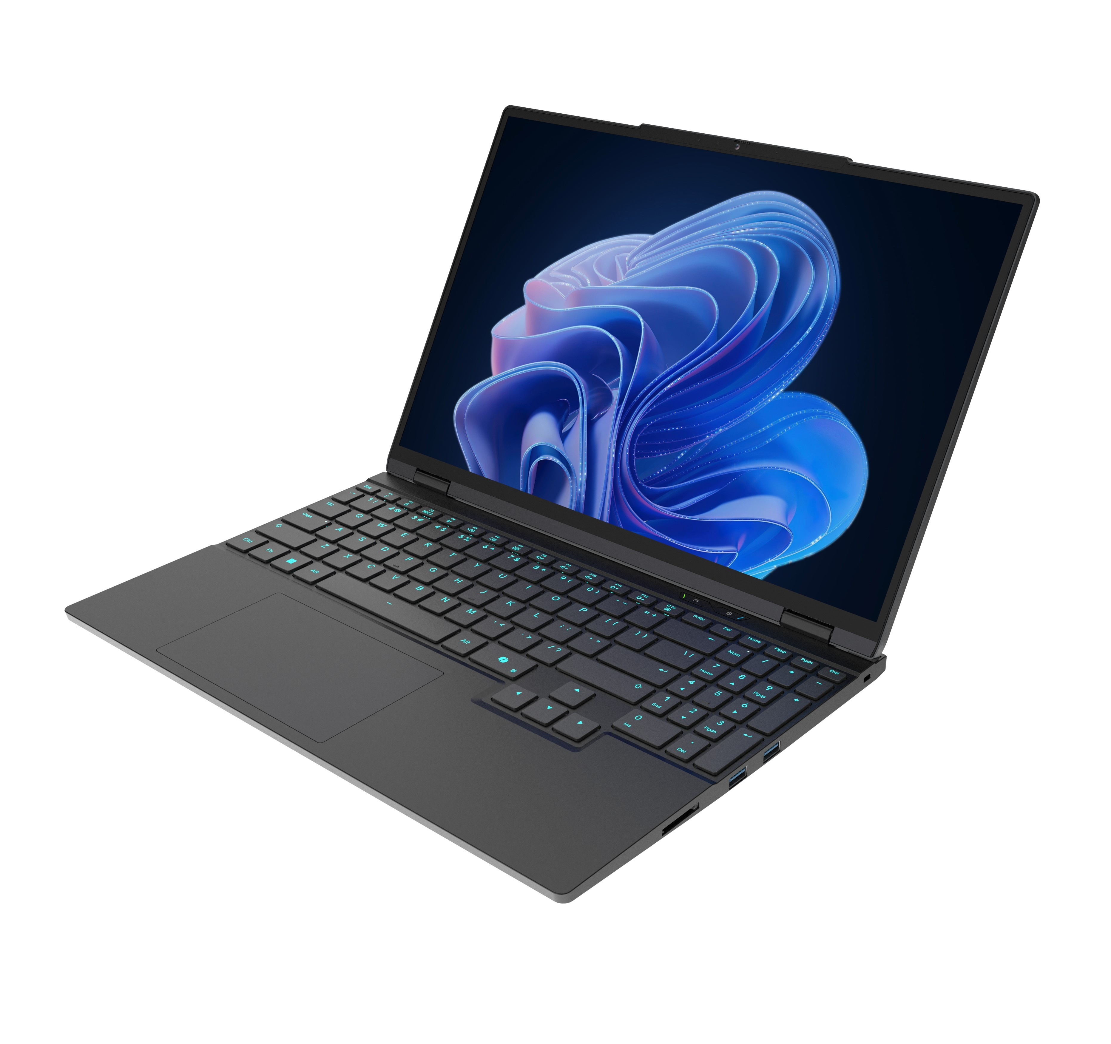 Laptop auf weißem Hintergrund. Der Bildschirm zeigt ein blaues und lila abstraktes Design. Die Tastatur hat türkisfarbene Tasten.