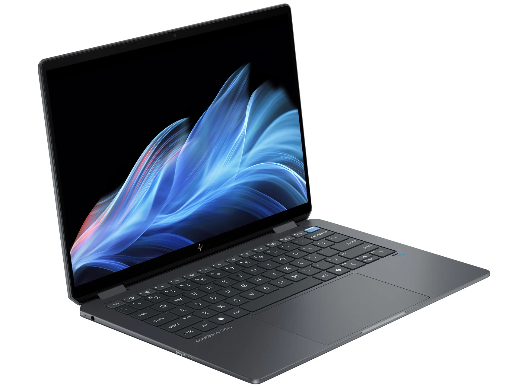 Ein grauer HP-Laptop ist geöffnet. Der Bildschirm zeigt abstrakte Kunst in Blau und Weiß. Die Tastatur ist sichtbar, mit dem HP-Logo oben.