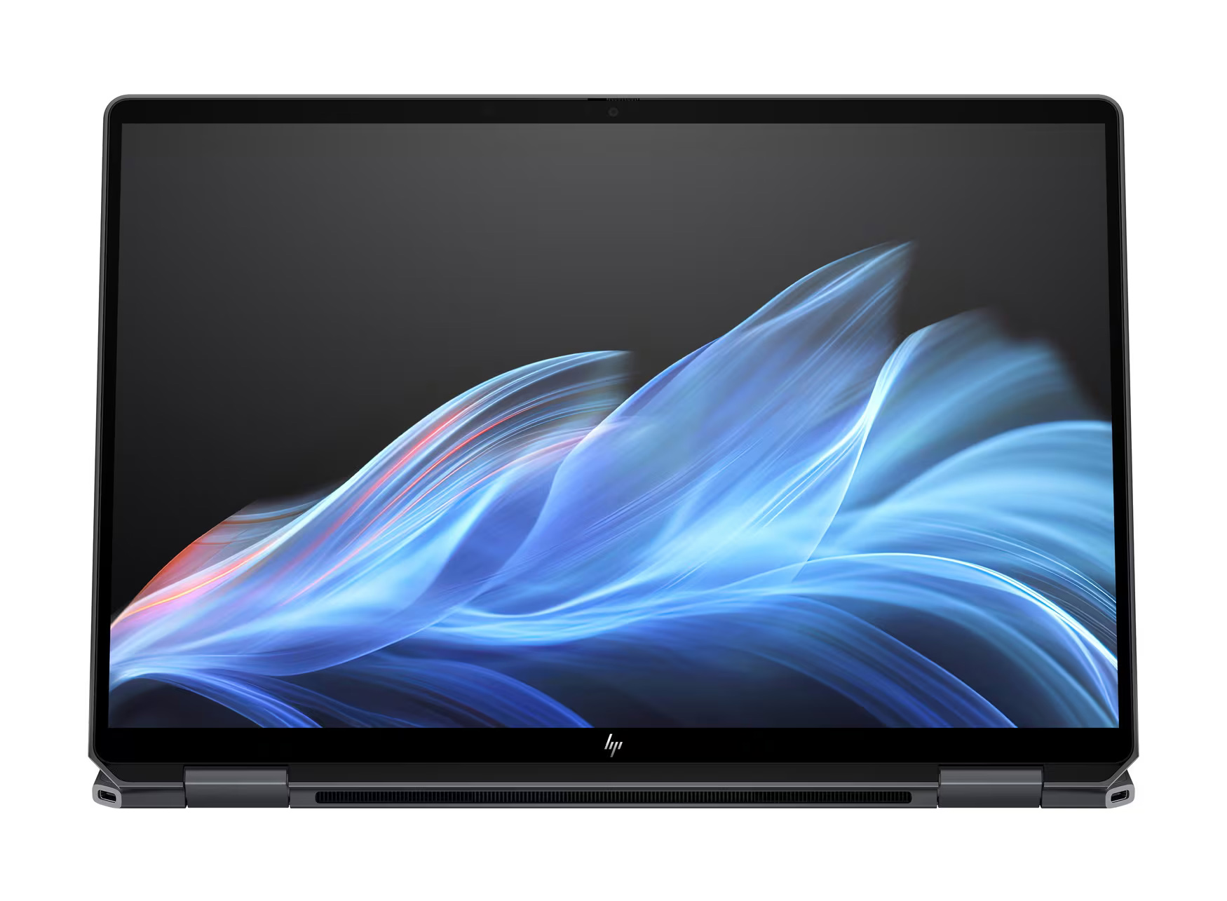 Laptop mit schwarzem Rahmen und Bildschirm. Der Bildschirm zeigt blaue und weiße abstrakte Kunst. HP-Logo unten.