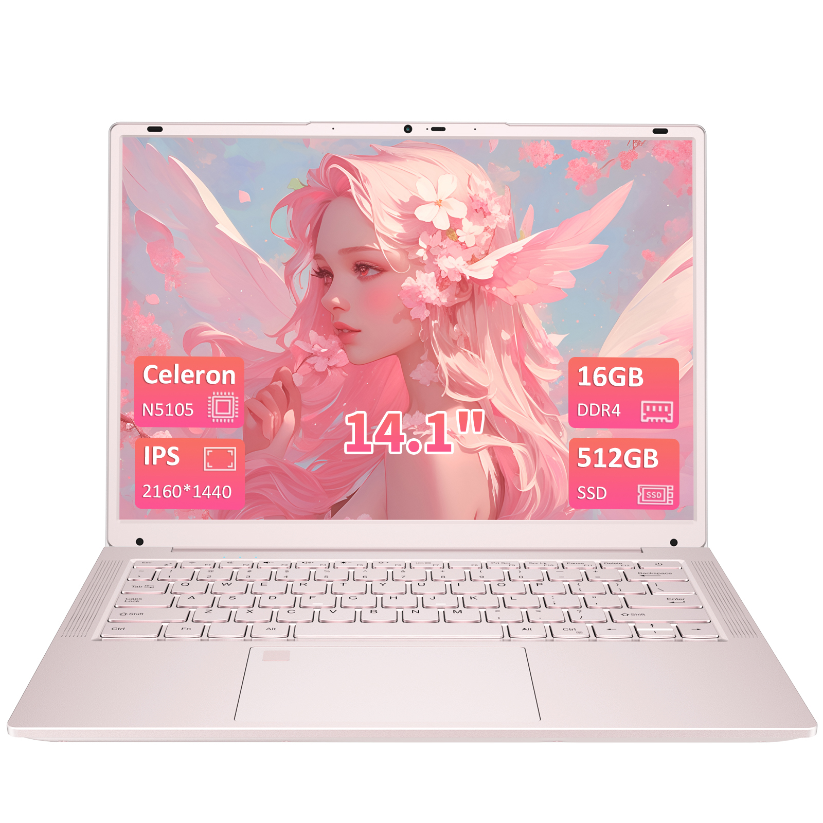 Rosa Laptop mit pinkhaariger Frau auf dem Bildschirm. Spezifikationen: 14,1", 16GB RAM, 512GB SSD und Celeron-Prozessor.