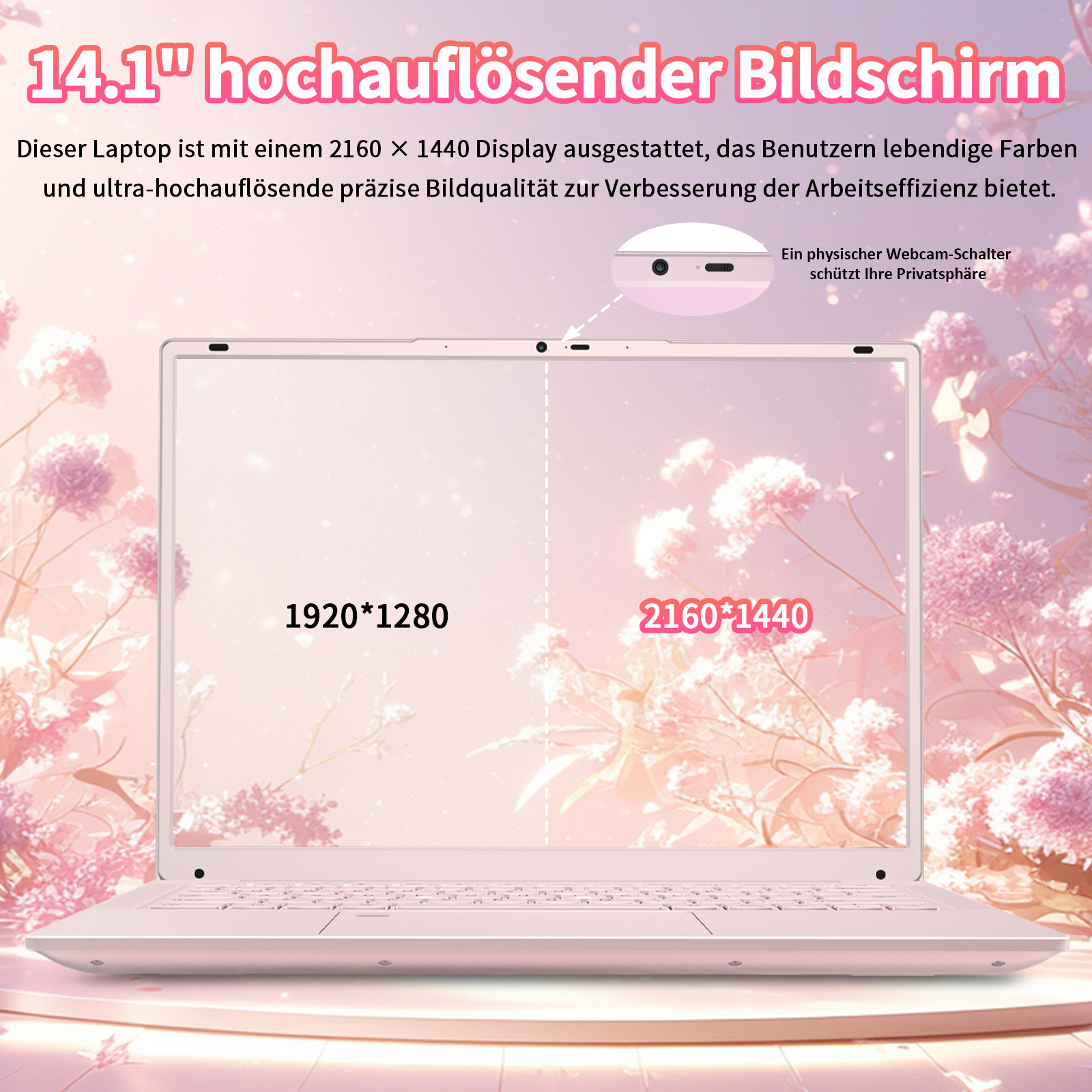 Ein rosa Laptop mit 14,1-Zoll-Bildschirm, mit Auflösungen von 1920x1280 und 2160x1440, mit Blumengrund.