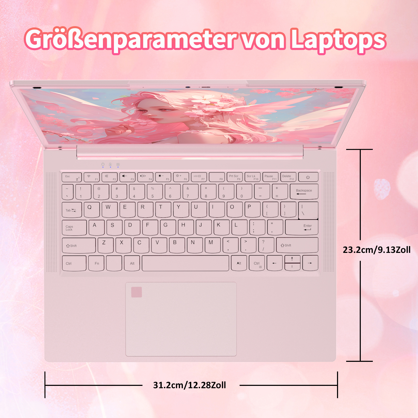 Ein pinkfarbener Laptop mit Tastatur ist geöffnet. Der Bildschirm zeigt eine pinkhaarige Anime-Frau. Abmessungen sind angegeben.