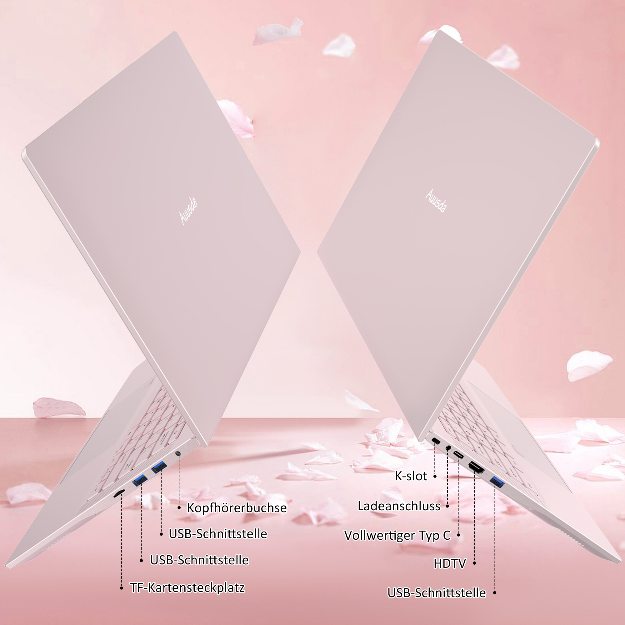 Zwei rosa Laptops mit offenen Deckeln, Anschlüsse beschriftet. Hintergrund hat rosa und weiße Blütenblätter.