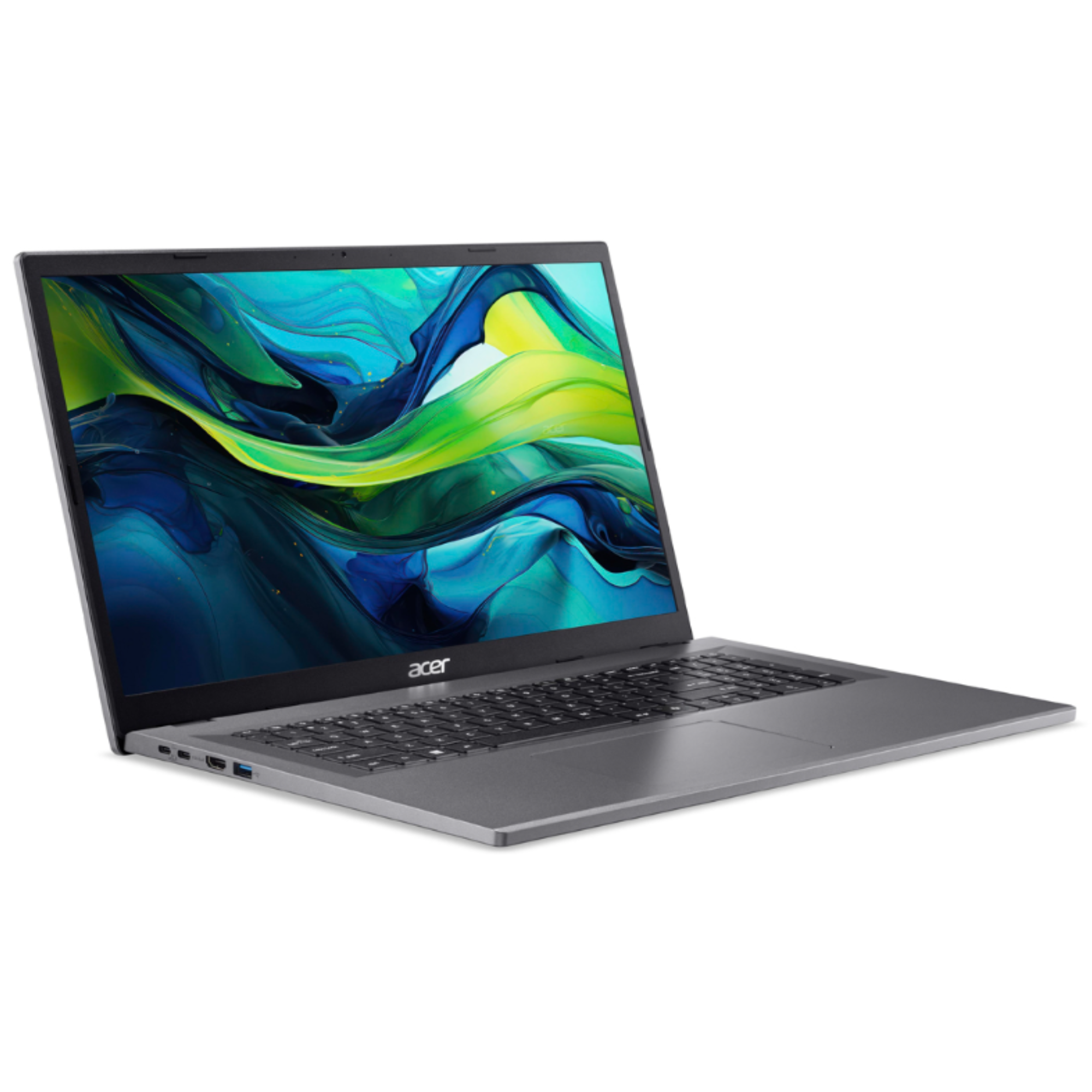 Ein grauer Acer-Laptop ist geöffnet und zeigt ein farbenfrohes abstraktes Bild auf dem Bildschirm. Der Hintergrund ist weiß.
