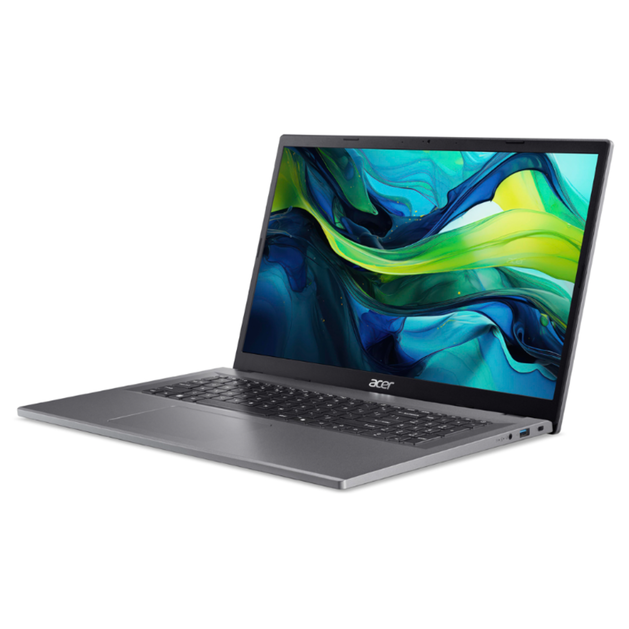 Ein grauer Acer-Laptop wird diagonal dargestellt. Der Bildschirm zeigt ein farbenfrohes abstraktes Bild. Der Laptop steht auf weißem Grund.