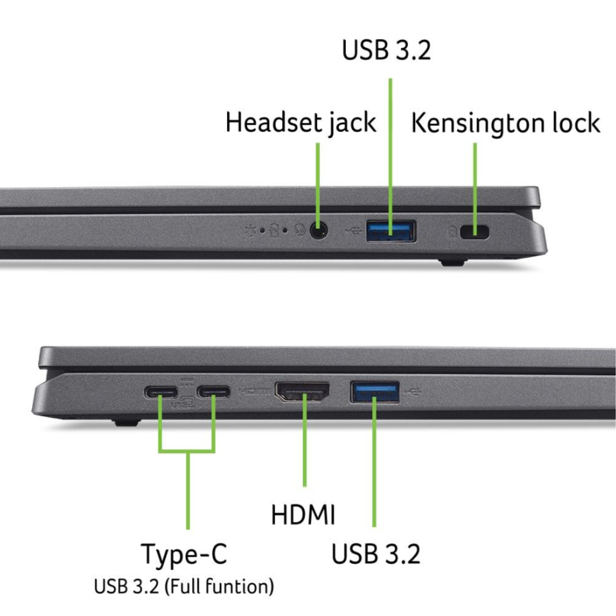Seitenansicht des Laptops mit Anschlüssen: Kopfhöreranschluss, USB 3.2, Kensington-Schloss, Typ-C, HDMI und USB 3.2.