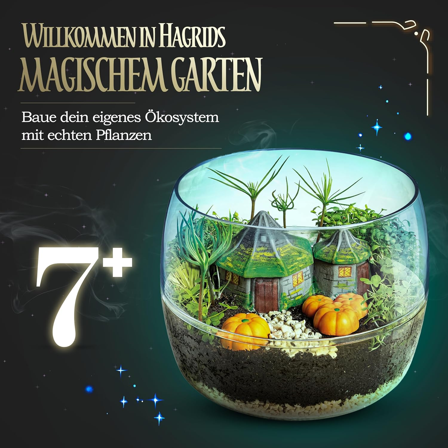 Un terrario con case in miniatura, zucche e piante. Lo sfondo è scuro con testo in tedesco.