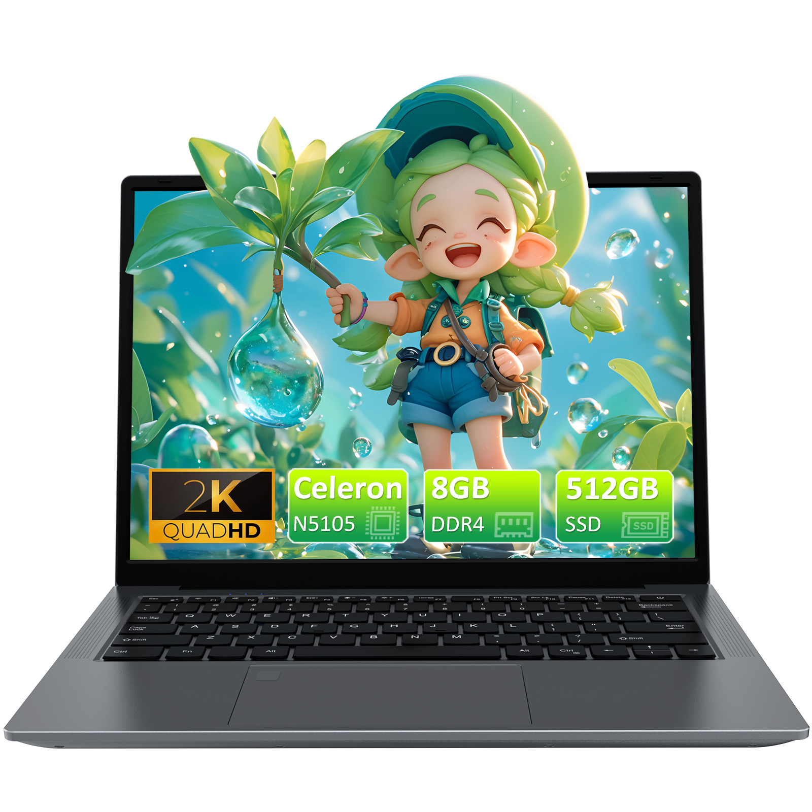 Laptop mit einer animierten Figur, die eine Pflanze mit einem Wassertropfen hält. Spezifikationen: 2K, Celeron, 8GB DDR4 und 512GB SSD.