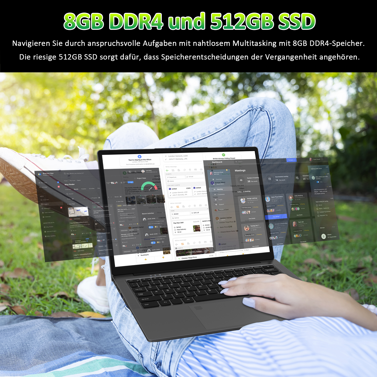 Person nutzt Laptop auf Gras. Bildschirm zeigt mehrere Fenster. Oben steht 8GB DDR4 und 512GB SSD.