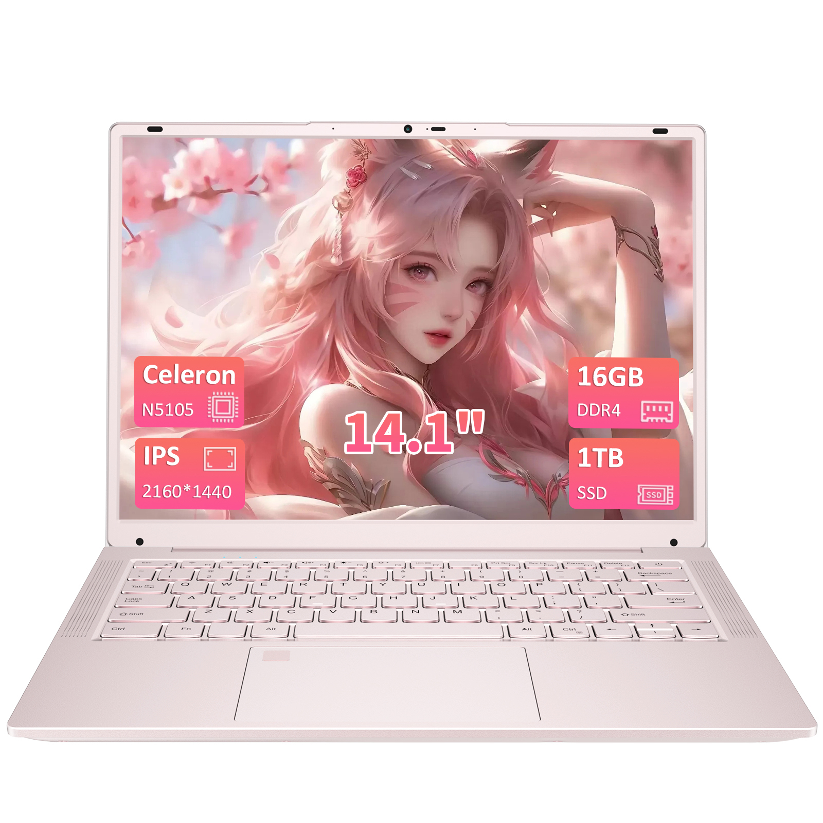 Rosa Laptop mit Bildschirm, der eine Frau mit rosa Haaren zeigt. Spezifikationen: Celeron, 16 GB RAM, 1 TB SSD und 14,1" Display.