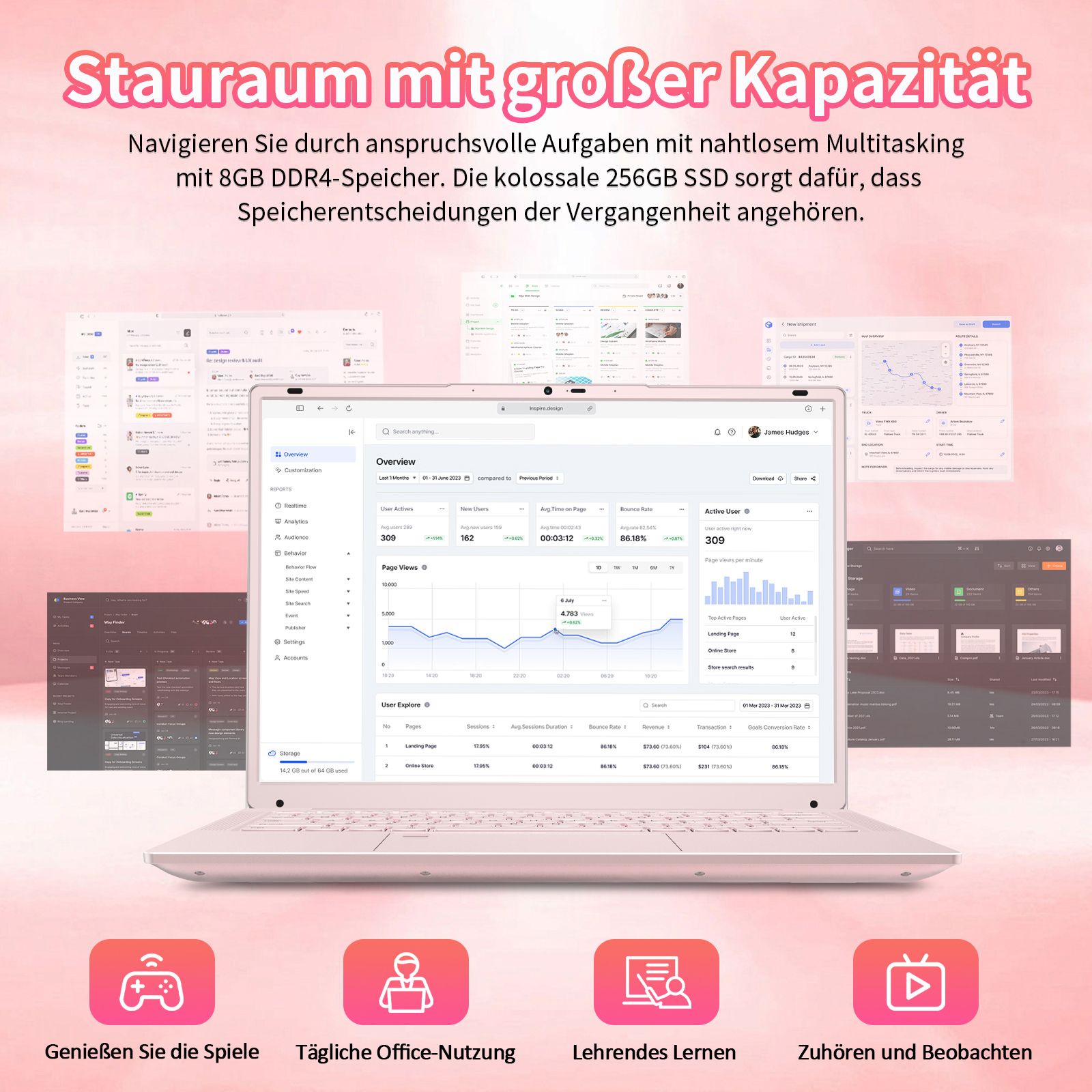 Ein Laptop zeigt Datenanalyse-Diagramme und -Charts, mit pinkfarbenen grafischen Elementen und Symbolen.