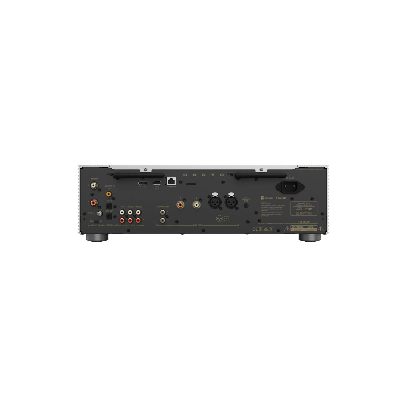 Rückseite eines Audioverstärkers mit verschiedenen Ein-/Ausgängen, einschließlich HDMI, Koaxial- und analogen Anschlüssen. Der Markenname ist sichtbar.