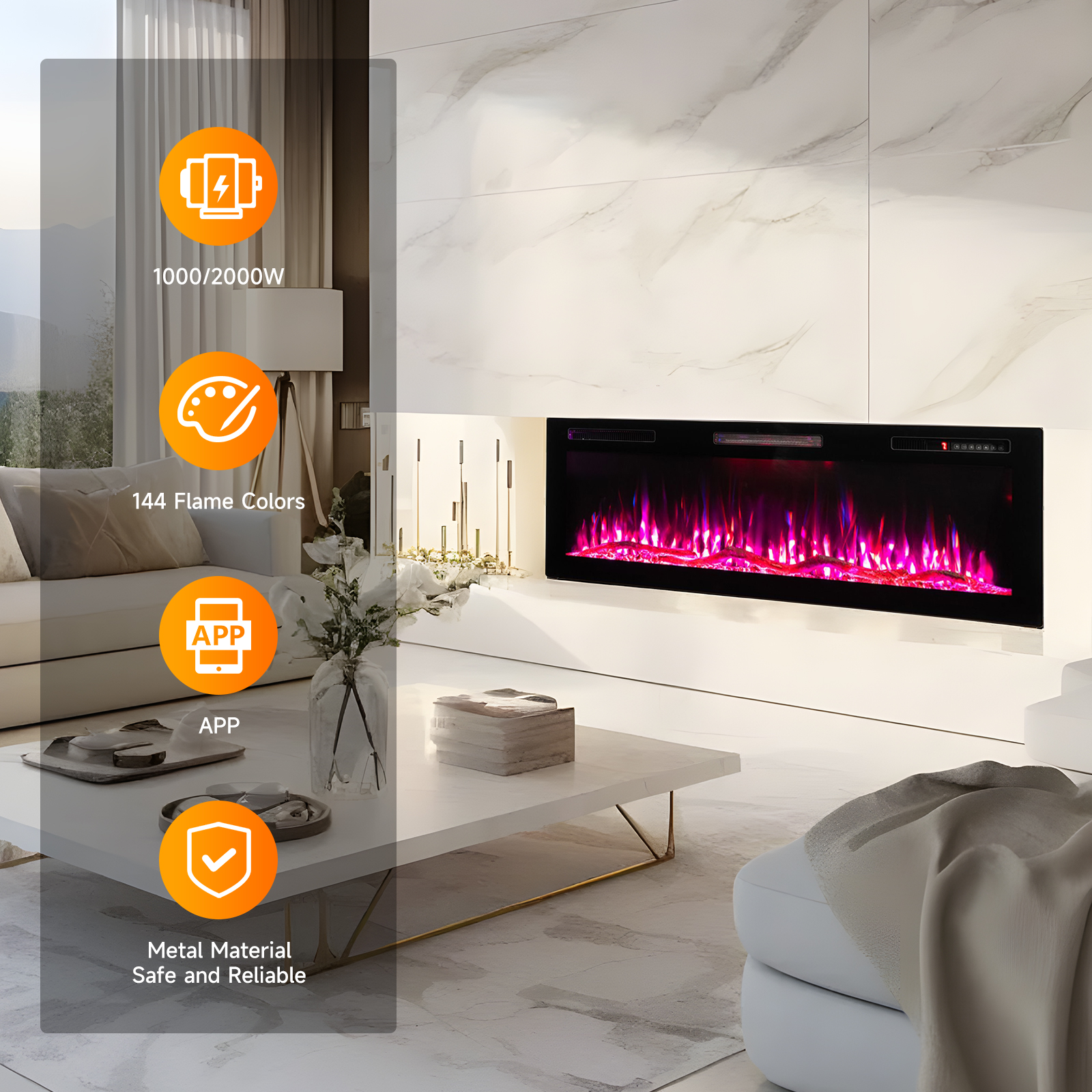 Salon z kominkiem z różowymi płomieniami. Widoczny stolik kawowy, sofa i ikony z tekstem.