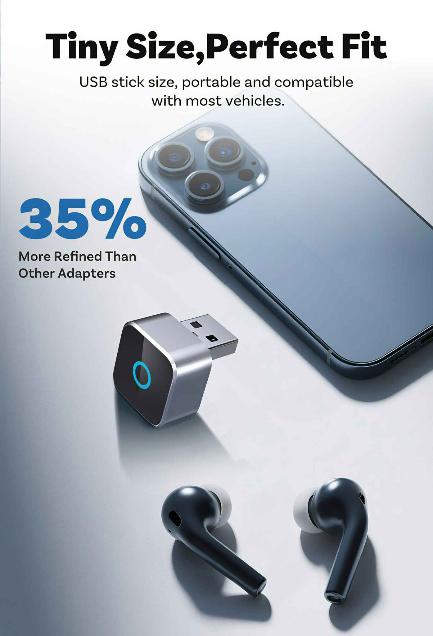 Ein USB-Adapter, ein Telefon und Ohrhörer liegen auf einer Oberfläche. Der Text lautet 'Tiny Size, Perfect Fit' und '35% More Refined'.