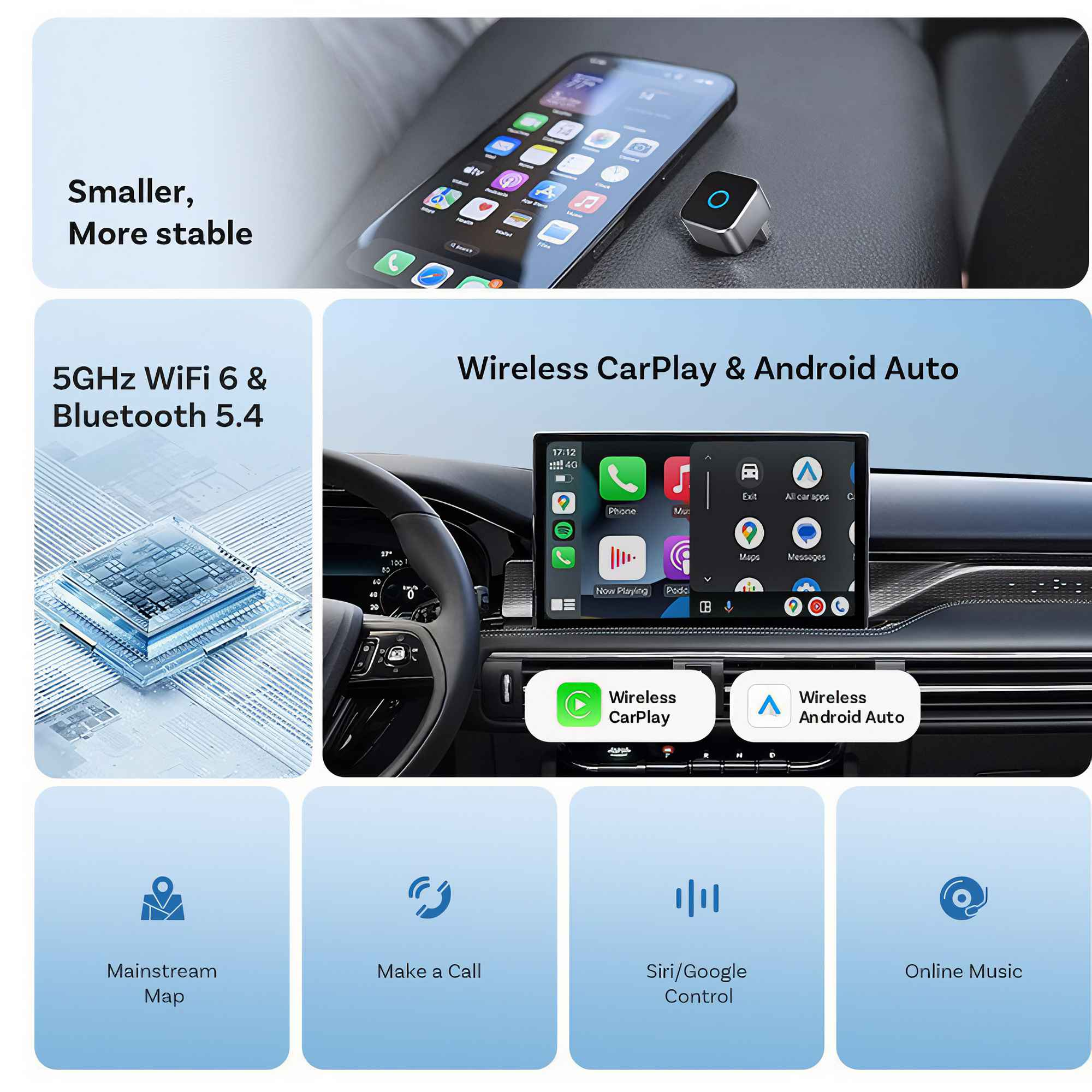 Das Bild zeigt Telefon, Auto-Bildschirm und Symbole für CarPlay/Android Auto. Es hebt Funktionen wie WLAN, Musik und Anrufe hervor.