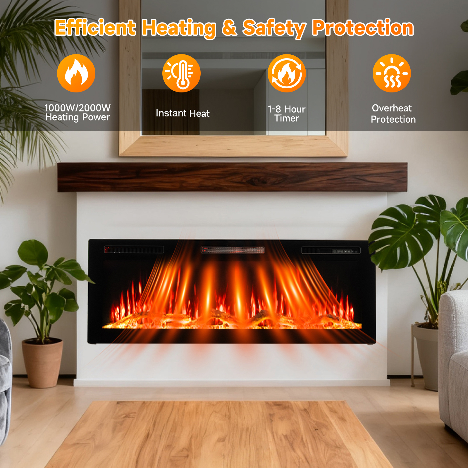Elektryczny kominek z pomarańczowymi płomieniami. Posiada moc grzewczą i funkcje bezpieczeństwa. Pokój obejmuje rośliny i drewniany stół.