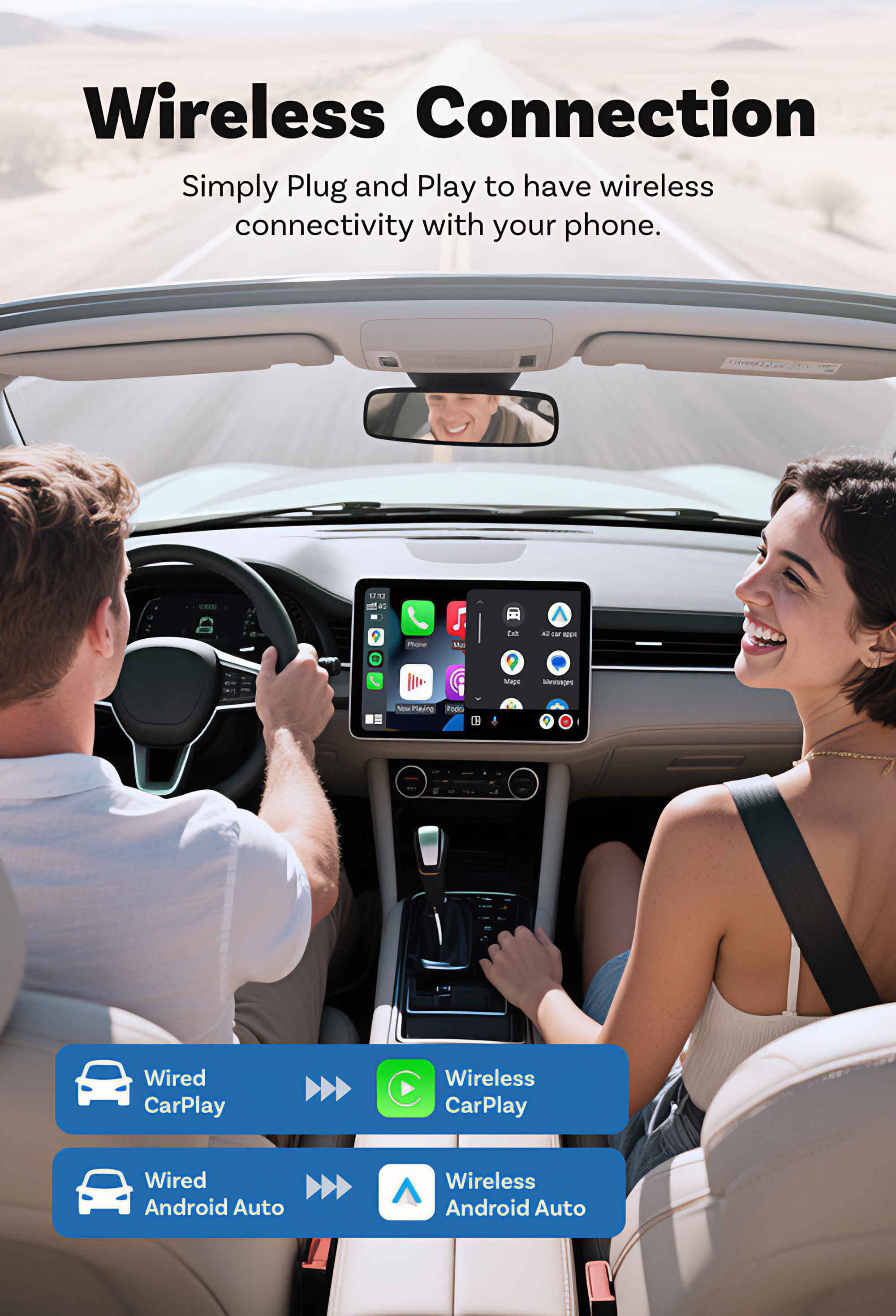 Autointerieur mit Mann am Steuer und lächelnder Frau. Bildschirm zeigt App-Symbole.