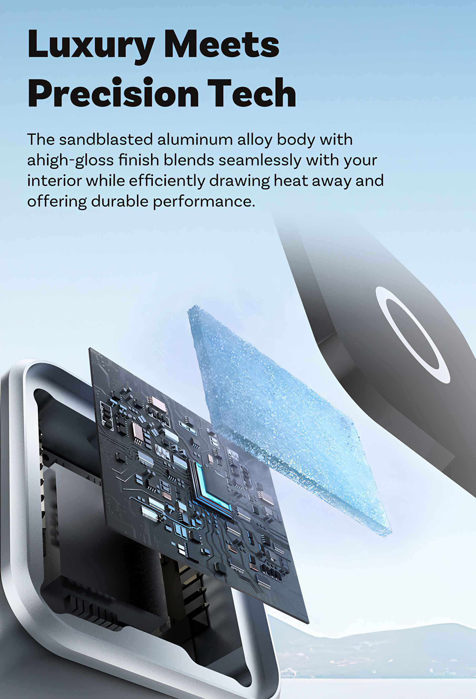 Das Bild zeigt ein Tech-Produkt mit einer Leiterplatte, einem grauen Gehäuse und einem blauen abstrakten Design.