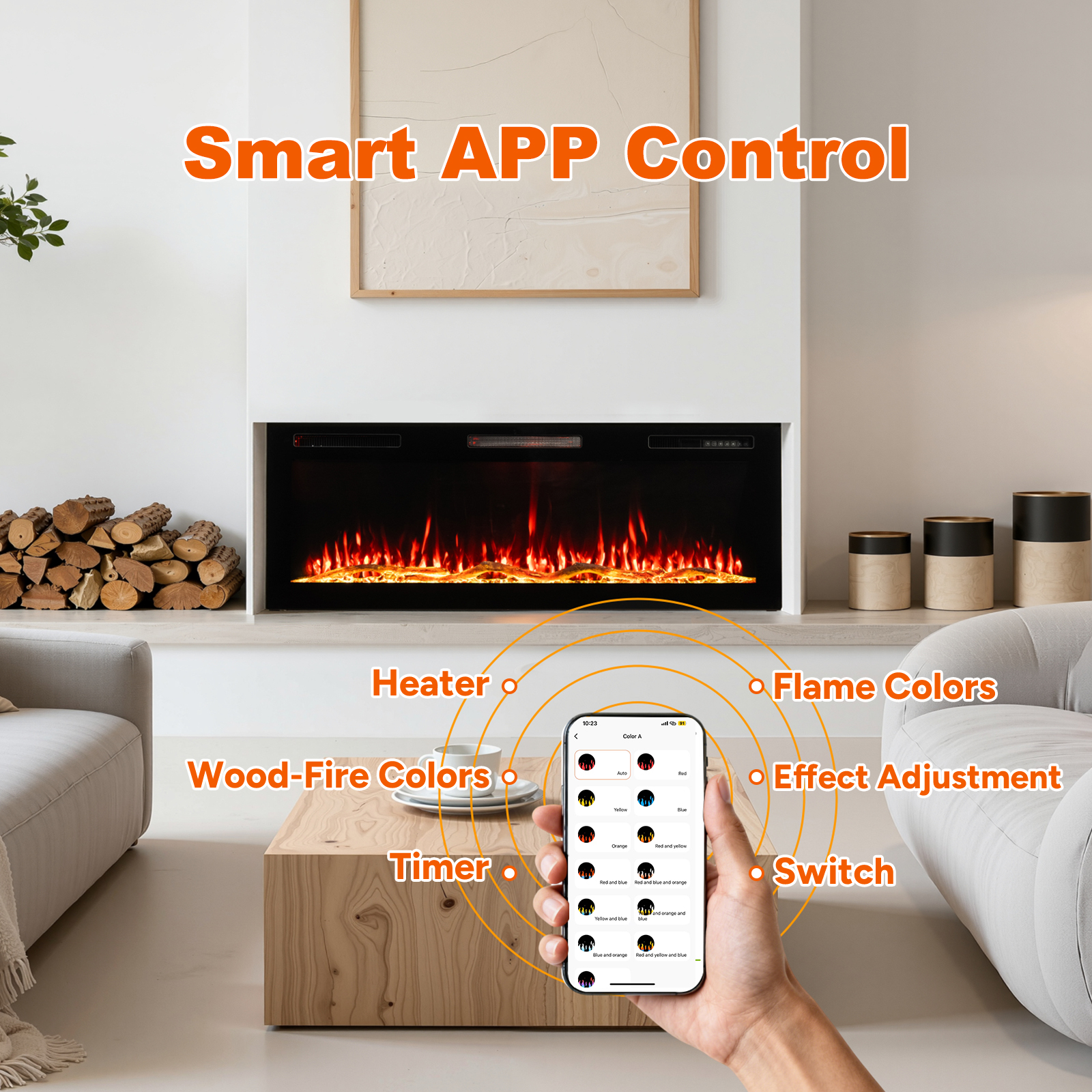 Nowoczesny kominek z efektem płomienia, sterowany aplikacją na smartfona. Funkcje: ogrzewanie, kolory płomieni i timer.