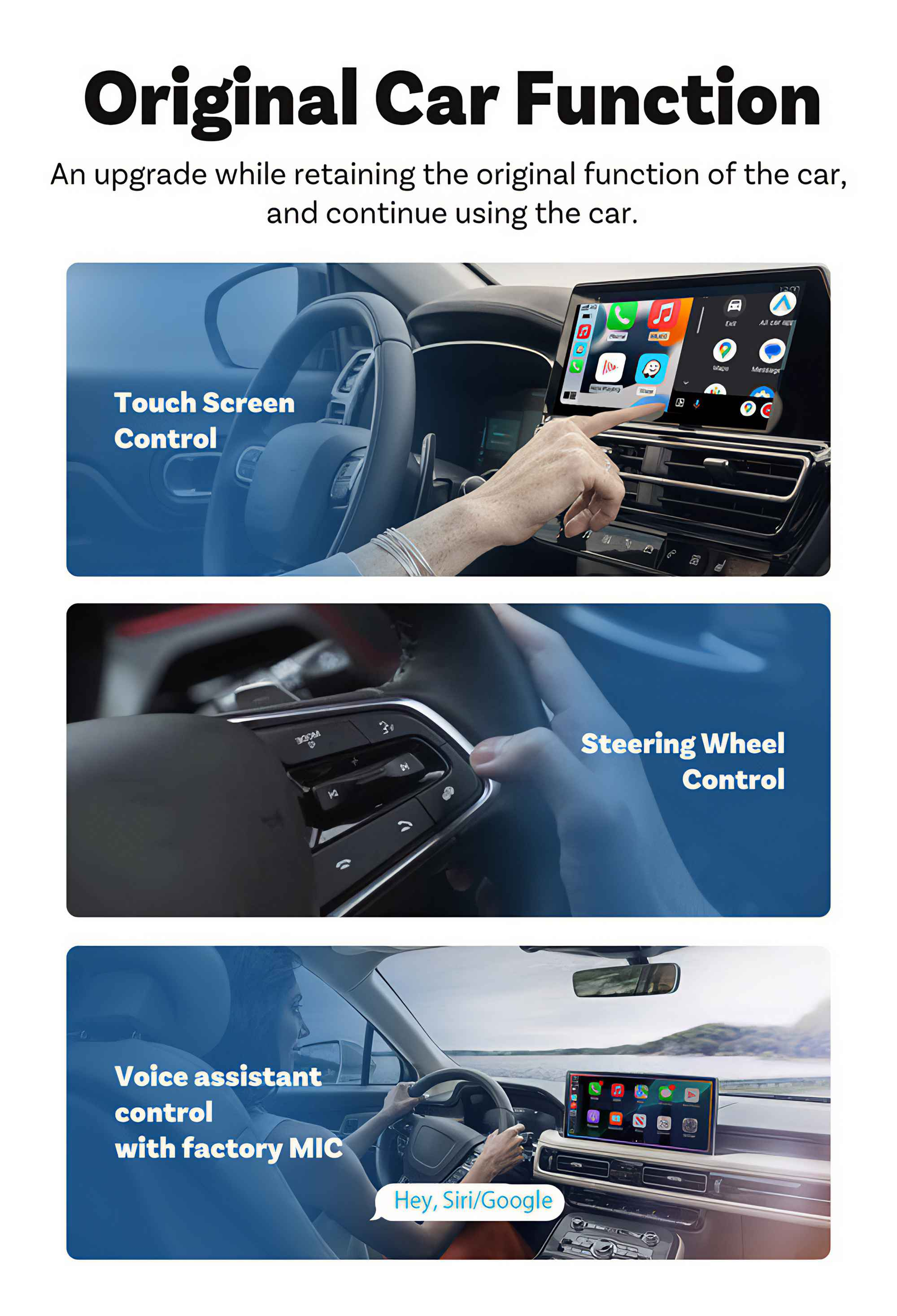 Das Bild zeigt Funktionen im Inneren eines Autos, darunter Touchscreen, Lenkrad und Sprachassistent. Text-Overlays erklären jede Funktion.