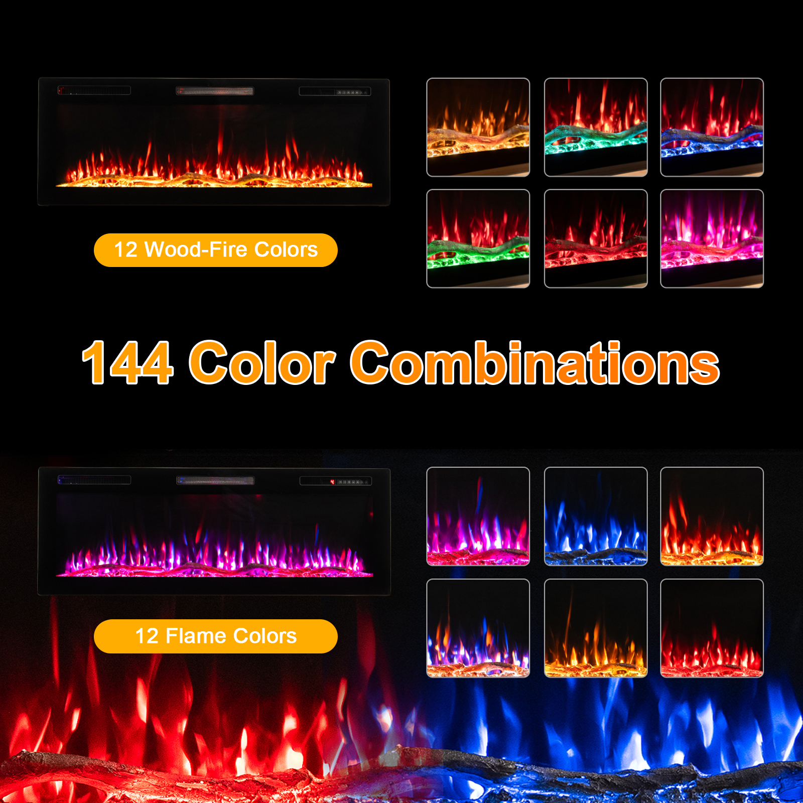 Obraz przedstawia kominek z wieloma opcjami kolorystycznymi, w tym 12 kolorami drewna i 12 kolorami płomieni, ze 144 kombinacjami.