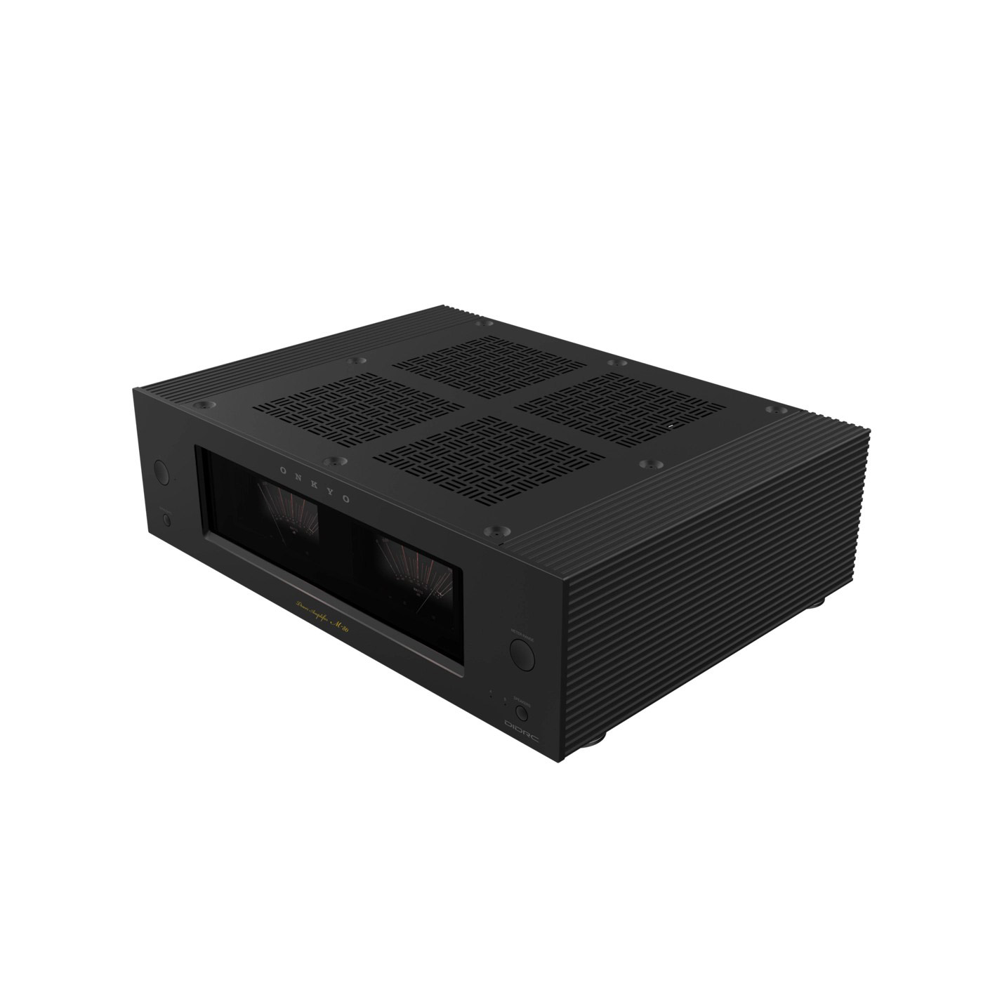 Ein schwarzer ONKYO-Leistungsverstärker. Er hat ein Display, Lüftungsschlitze oben und verschiedene Knöpfe. Die Frontplatte ist sichtbar, mit Zifferblättern.