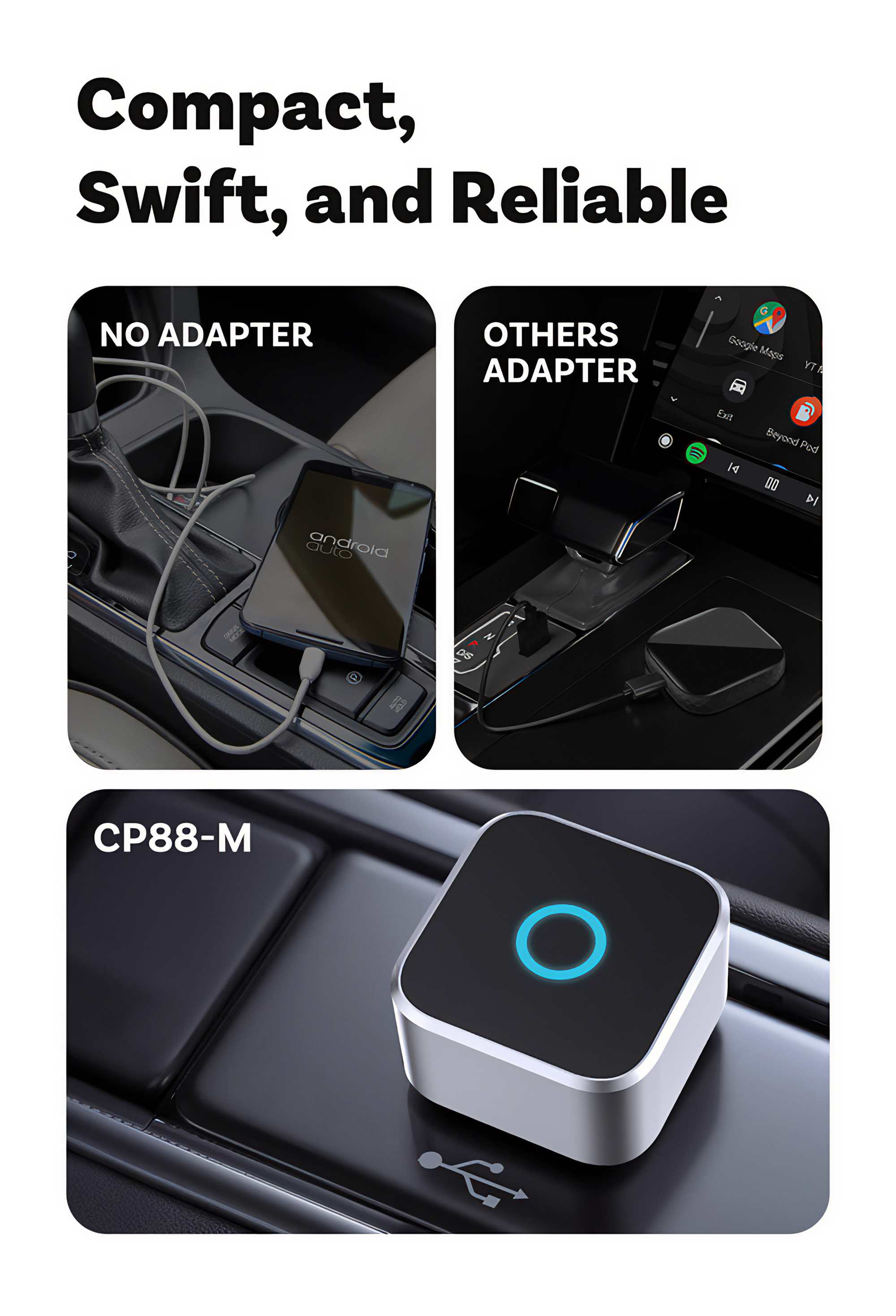 Das Bild zeigt den Innenraum eines Autos mit Telefon, Autokonsole und Adapter. Der Text lautet "Kompakt, Swift und Reliable".