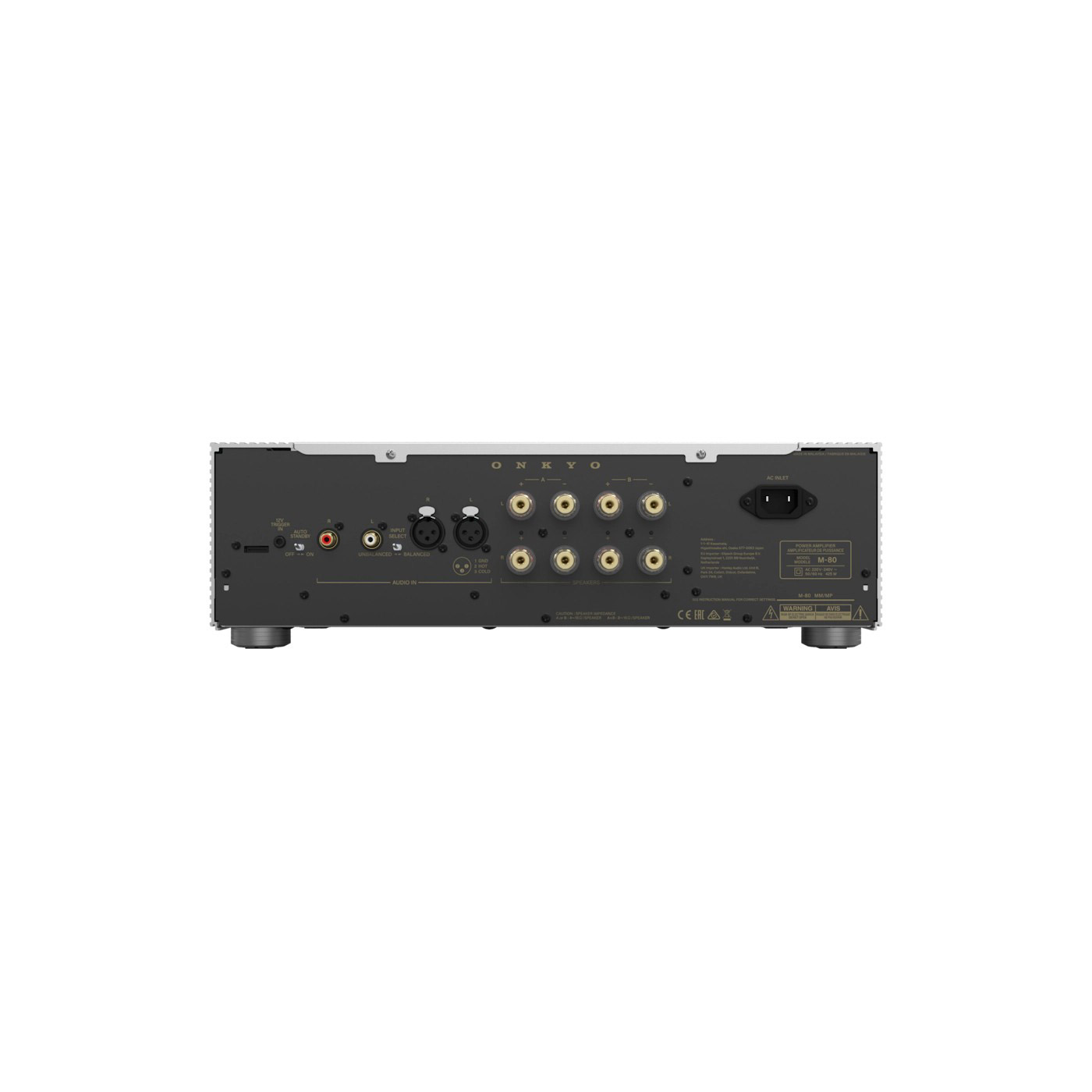 Rückansicht eines Onkyo M-80 Leistungsverstärkers mit verschiedenen Ein-/Ausgängen, Stromeingang, Modelldetails und Warnhinweisen.