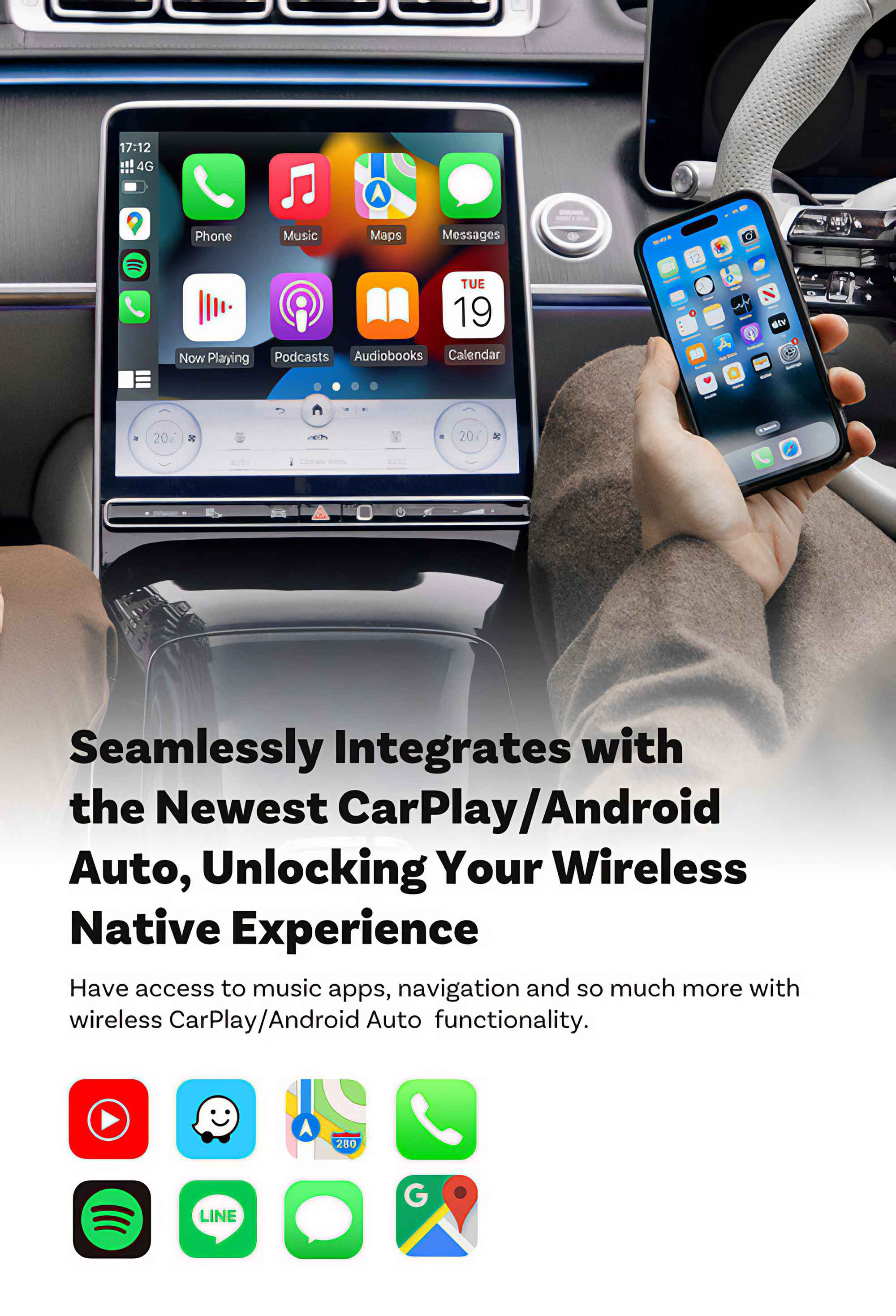 Autointerieur mit Bildschirm, der Apps anzeigt, Hand, die ein Telefon hält. CarPlay/Android Auto-Integration beworben.