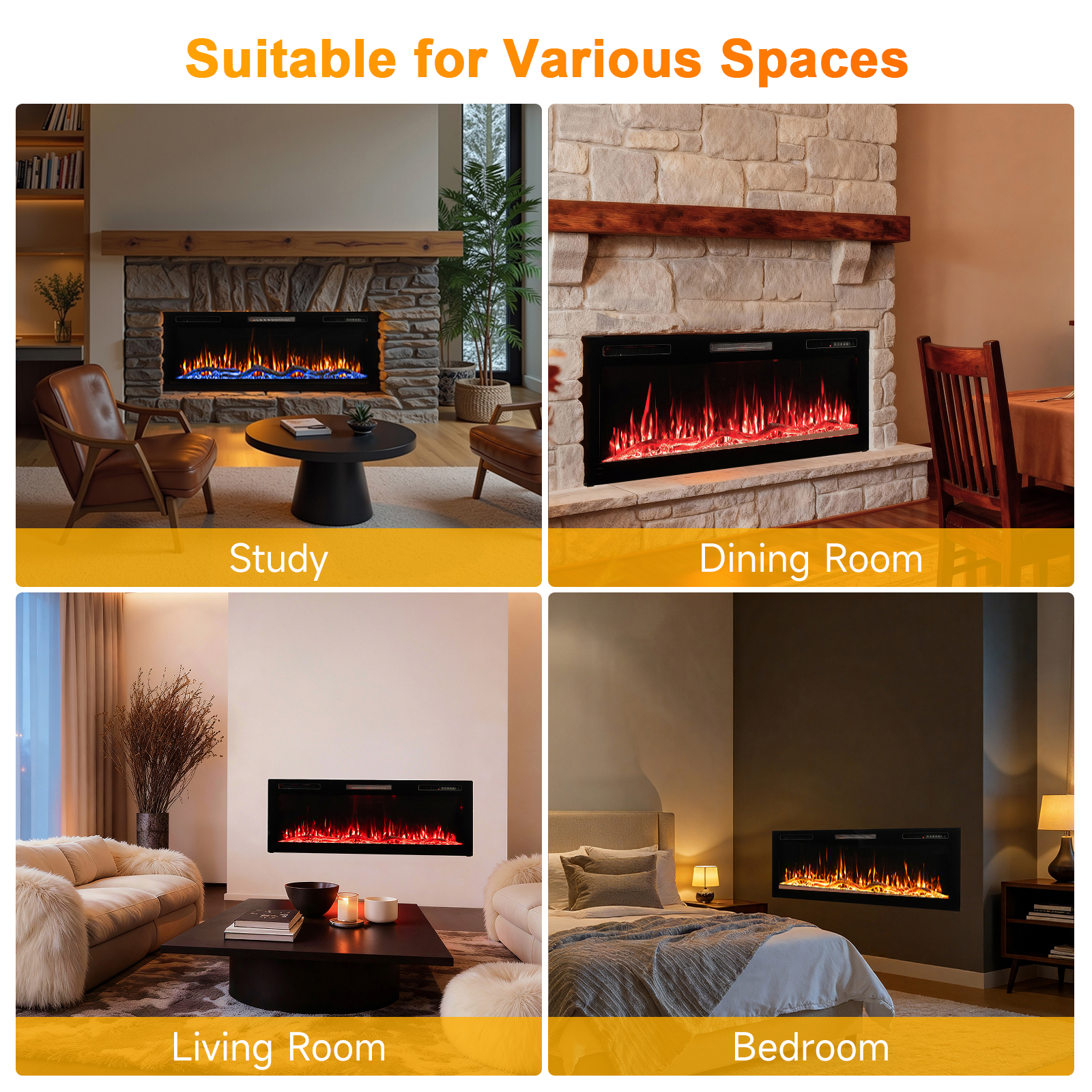 Obraz przedstawia kominki w gabinecie, jadalni, salonie i sypialni. Każdy z nich prezentuje kominek z różnymi kolorami płomieni.