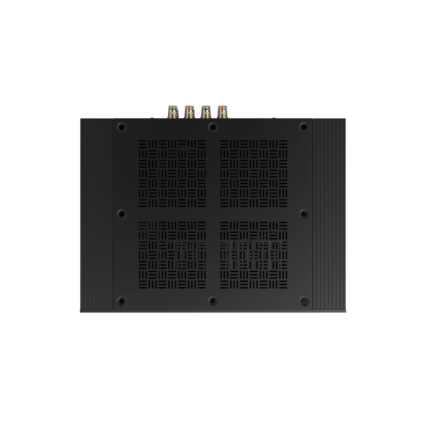 Ein schwarzes elektronisches Gerät mit mehreren Anschlüssen oben. Es hat ein gitterartiges Muster auf der Vorderseite und steht vor weißem Hintergrund.