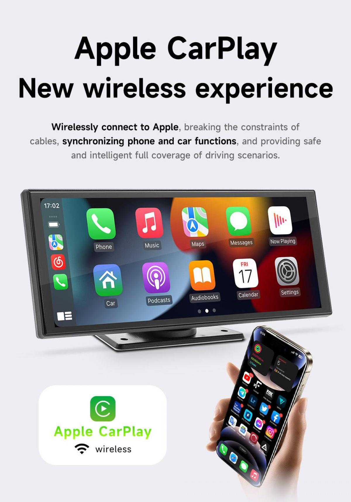 Das Bild zeigt Apple CarPlay auf einem Auto-Bildschirm und einem Telefon. Der Bildschirm zeigt App-Symbole. Das Telefon zeigt Apps in der Hand.