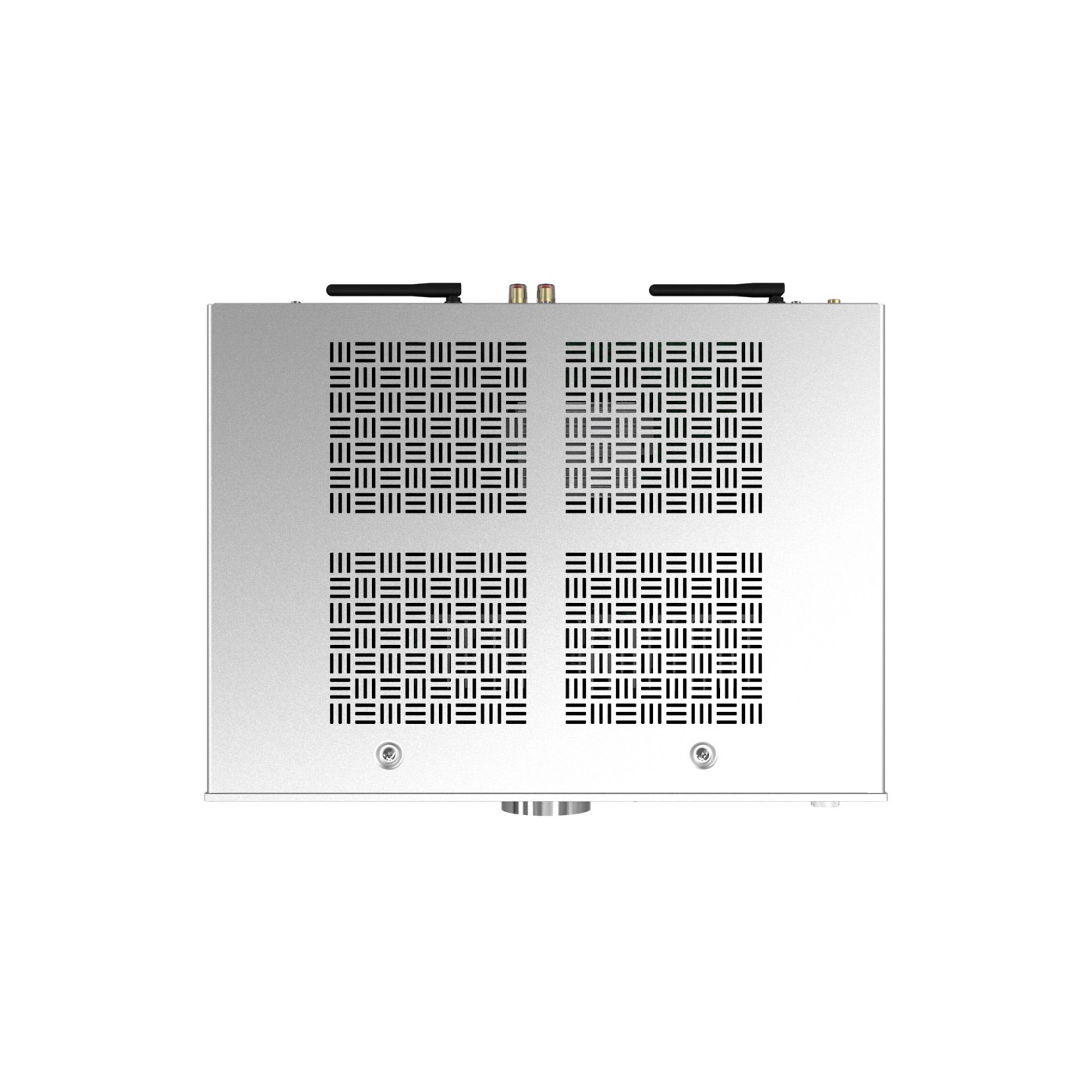 Draufsicht auf ein silbernes elektronisches Gerät. Es hat Lüftungsgitter, Antennen und Anschlüsse. Ein Knopf und ein Drehregler sind sichtbar.