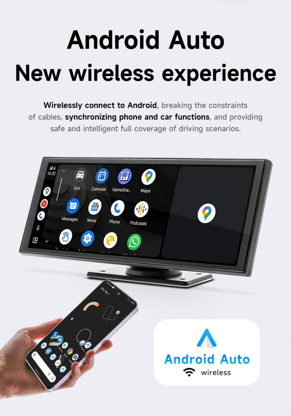 Eine Android Auto-Anzeige zeigt einen Auto-Bildschirm mit Apps, eine Hand, die ein Telefon hält, und das Android Auto-Logo.