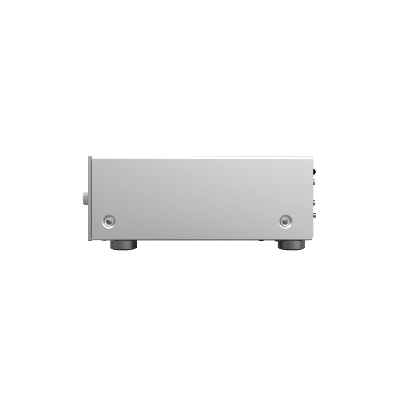 Silbernes elektronisches Gerät, Seitenansicht. Hat mehrere Anschlüsse rechts, Schrauben und runde Füße.