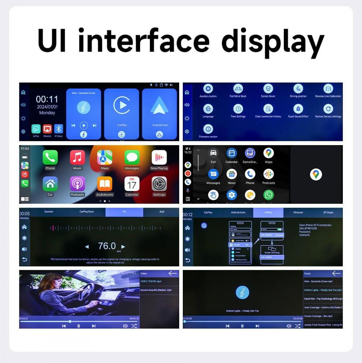 UI-Oberfläche mit verschiedenen App-Symbolen, UKW-Radio, Videowiedergabe und Einstellungsoptionen.
