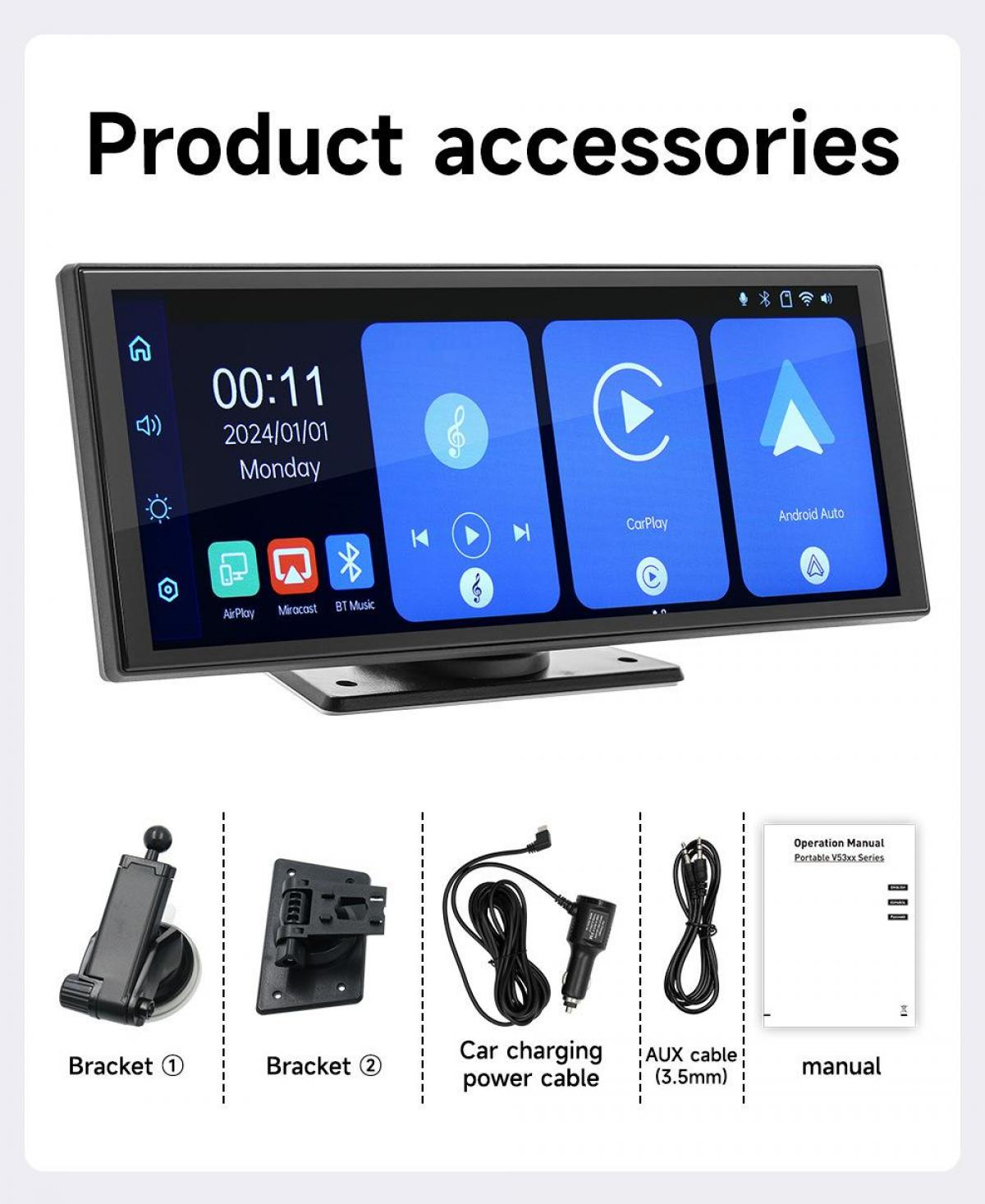 Autoradio mit Display, das Uhrzeit und App-Symbole zeigt, sowie Zubehör: Halterungen, Ladekabel, AUX-Kabel und eine Anleitung.