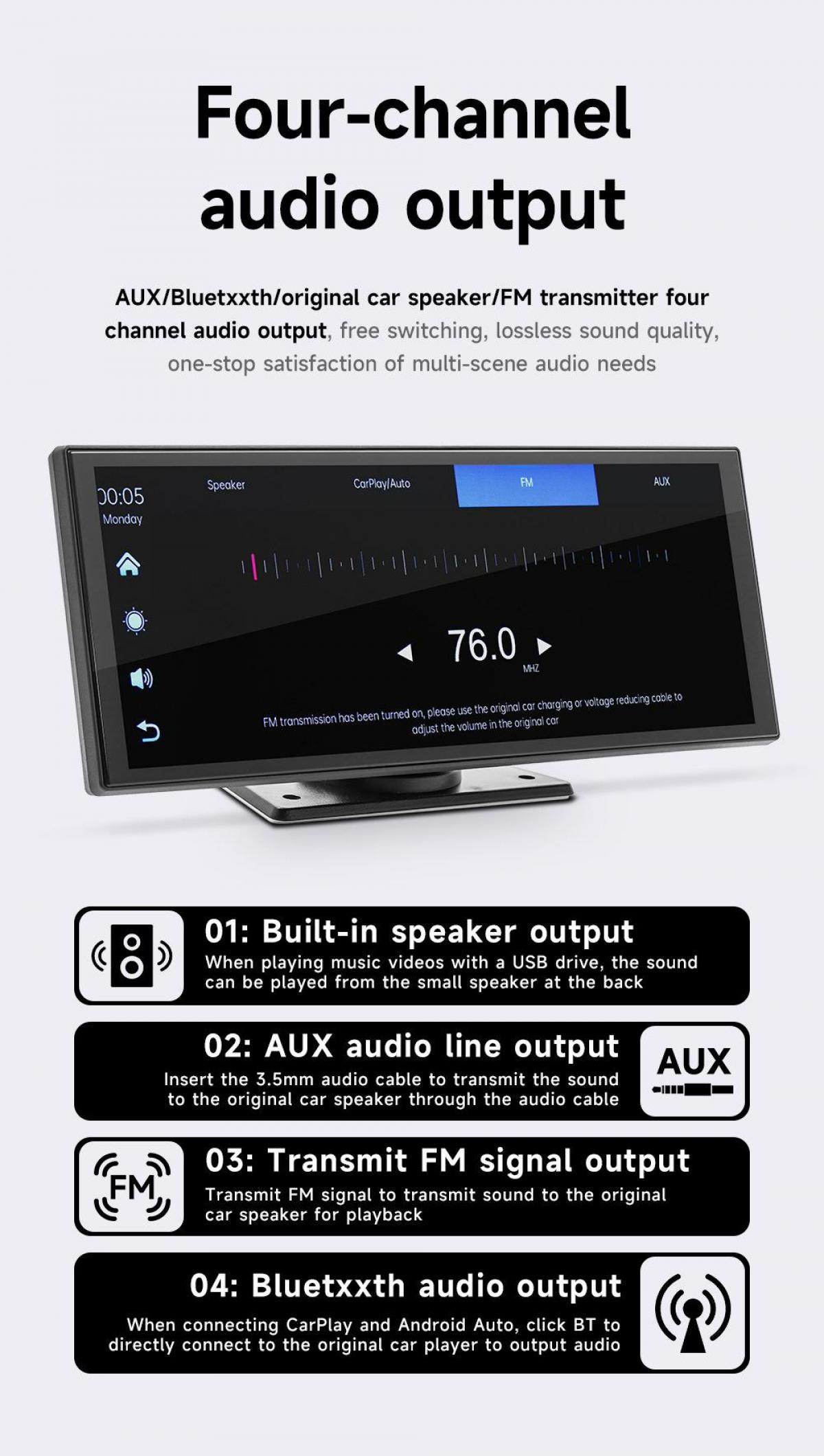 Das Bild zeigt ein Autoradiosystem mit mehreren Ausgangsoptionen: AUX, FM, Lautsprecher und Bluetooth für CarPlay/Android Auto.