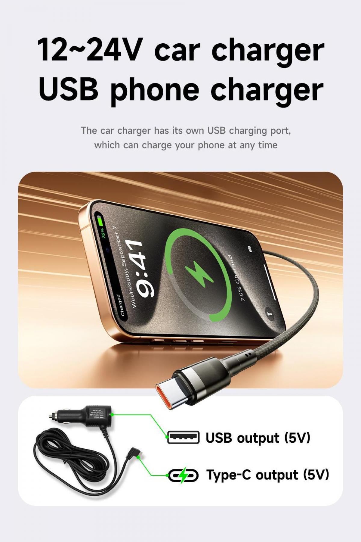 Das Bild zeigt ein Telefon, das mit einem Autoladegerät geladen wird. Das Telefon zeigt 9:41 und 75% geladen an. Etiketten zeigen USB- und Typ-C-Ausgänge.