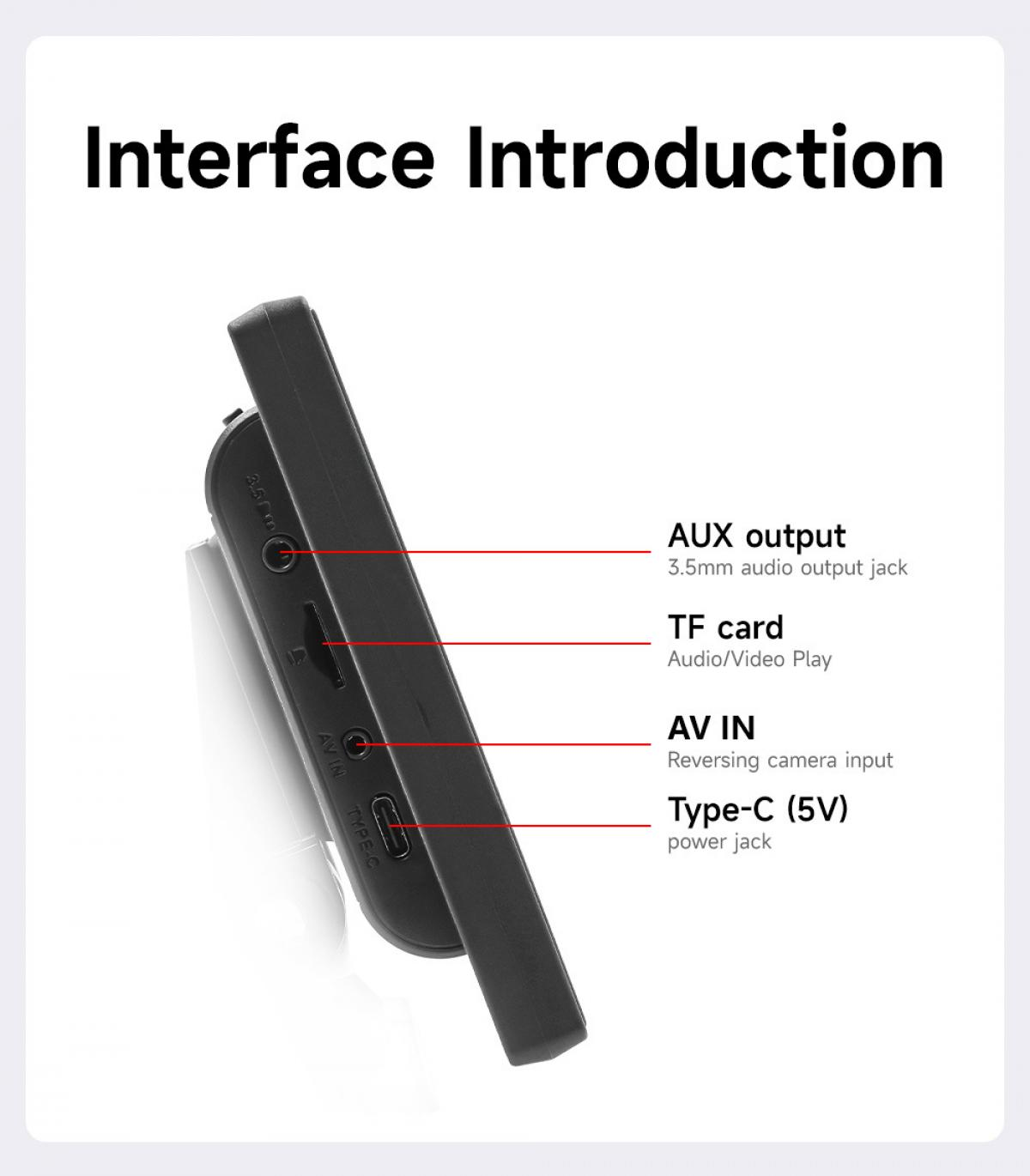 Das Bild zeigt ein schwarzes Gerät mit beschrifteten Anschlüssen: AUX-Ausgang, TF-Karte, AV-IN und Typ-C (5V). Der Text auf weißem Hintergrund lautet Interface Introduction.