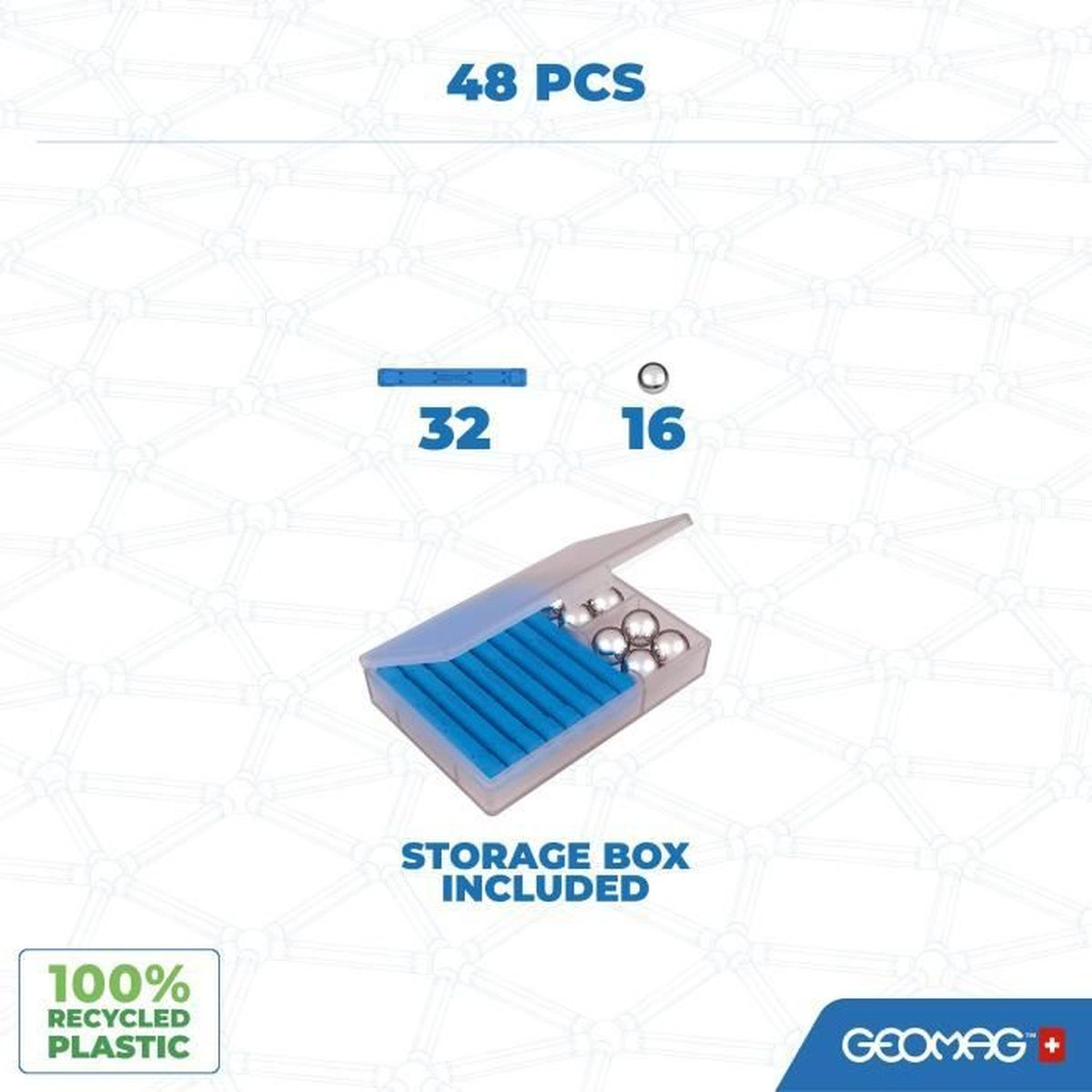 L'immagine mostra un set di giocattoli di costruzione magnetici. Include barre blu, sfere d'argento e una scatola di stoccaggio. Il testo dice 48 PCS, 100% plastica riciclata.