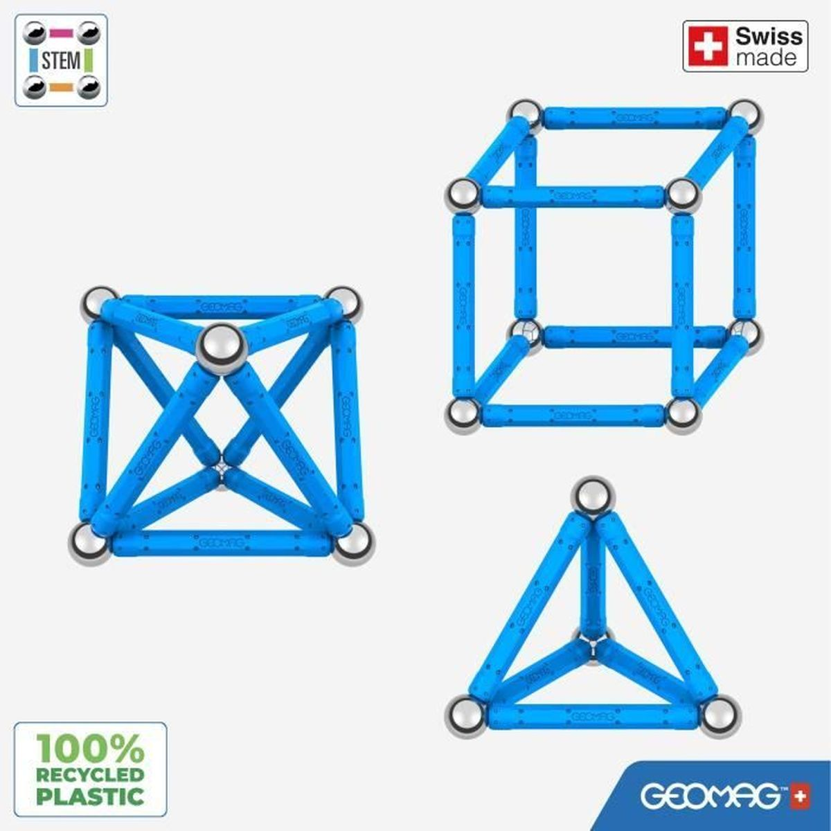 Forme geometriche realizzate con aste blu e sfere argentate. Sono mostrati un cubo, una piramide e una struttura con aste che si intersecano.