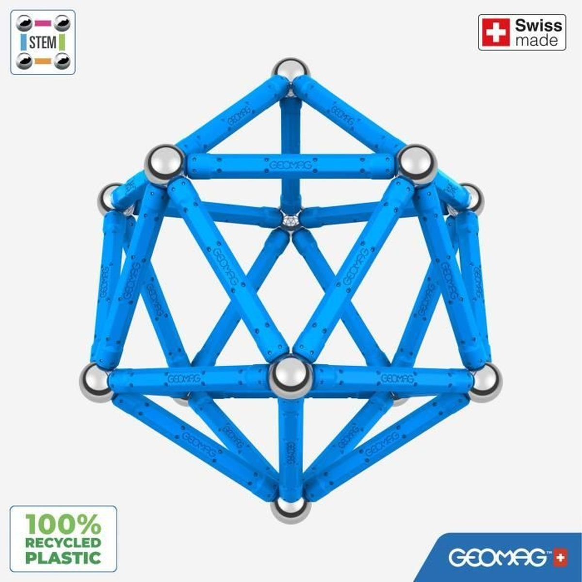 Una struttura geometrica blu fatta di aste e sfere argentate. Loghi: 'STEM', 'Swiss Made' e '100% Recycled Plastic'.