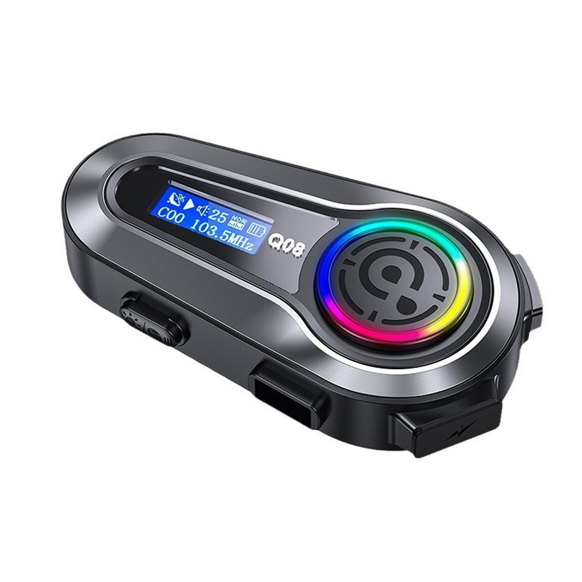Ein schwarzes Auto-Audiogerät mit einem Bildschirm, der Informationen anzeigt. Es hat einen mehrfarbigen Lichtring und einen USB-Anschluss.