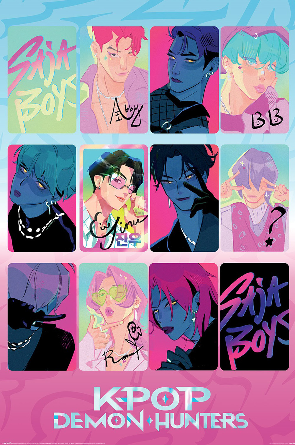 Poster von Kpop Demon Hunters mit stilisierten Porträts. Enthält den Text 'Saja Boys' und verschiedene Charaktere mit blauer Haut und bunten Haaren.